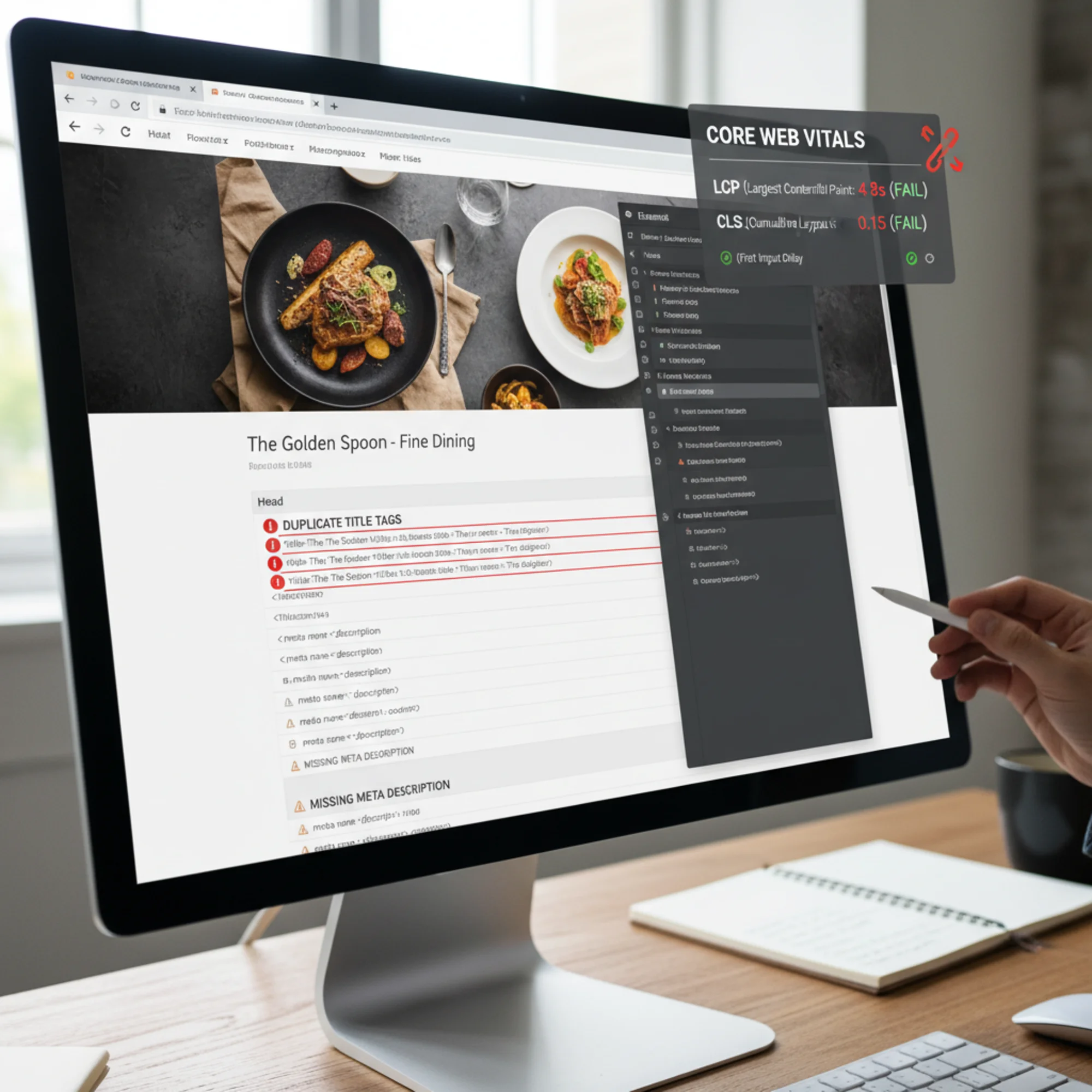 A browser developer tools panel open on a Framer-built restaurant website, showing missing meta descriptions, duplicate title tags highlighted in red, and a Core Web Vitals warning overlay with failing LCP and CLS scores