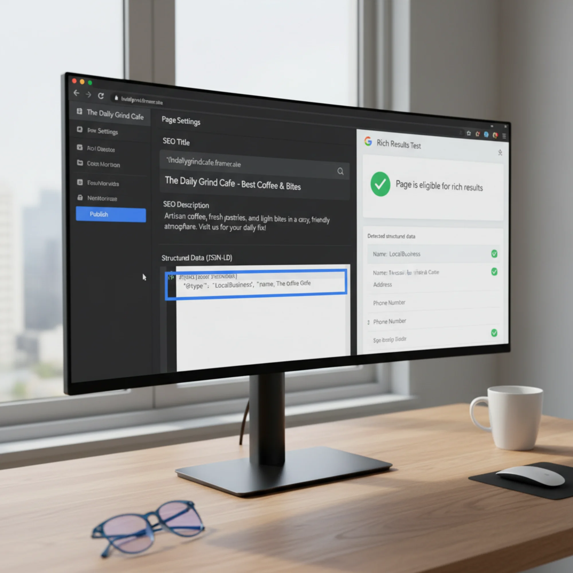 A split-screen view of a Framer site's page settings panel on the left with SEO title and description fields being filled in, and Google's Rich Results Test tool on the right validating JSON-LD structured data output for a local business