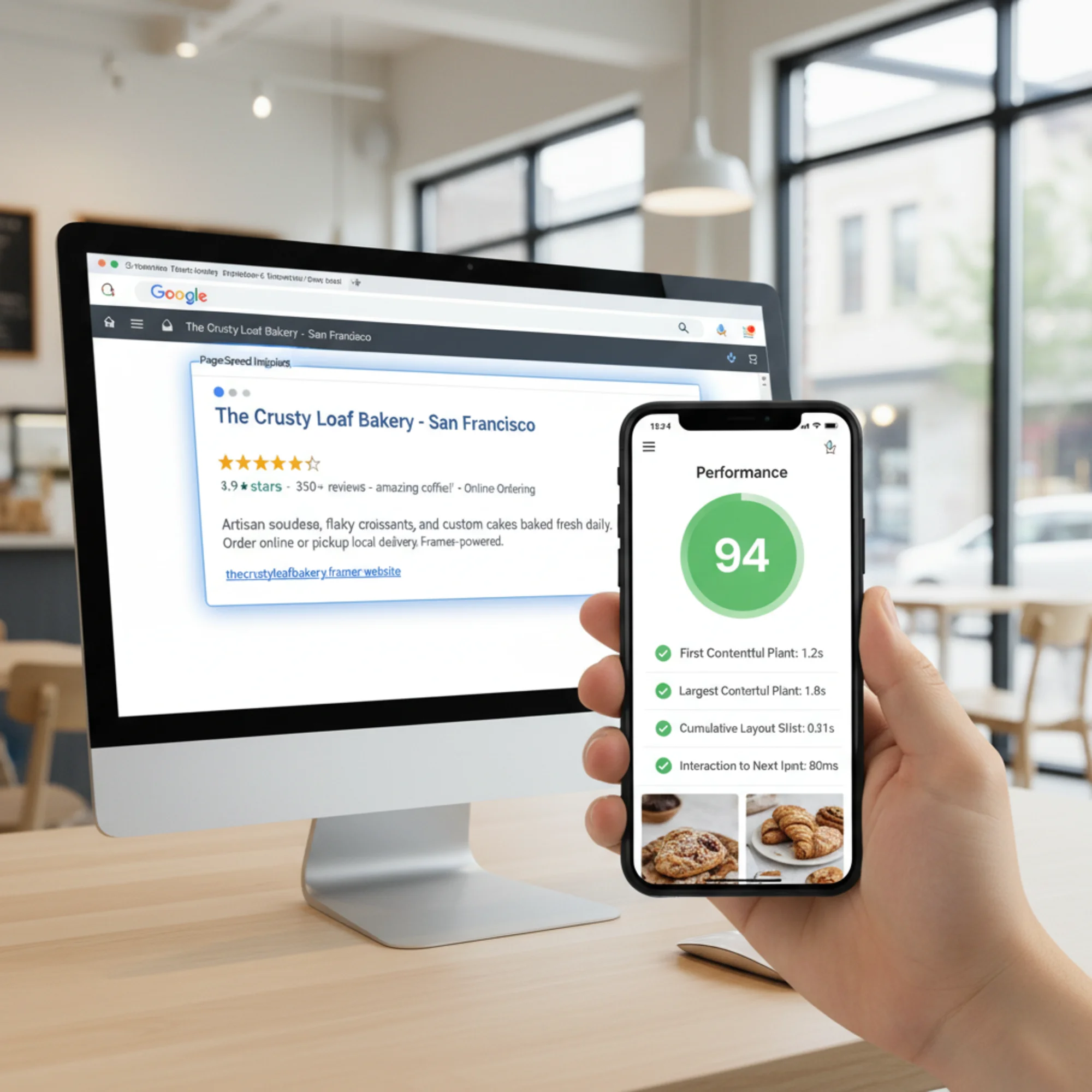 A Google search results page showing a Framer-built bakery website ranking on page one with rich snippets and proper meta descriptions, beside a mobile PageSpeed Insights panel displaying a performance score of 94