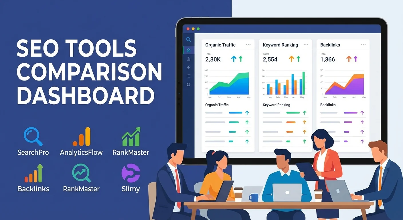 SEO tools comparison dashboard showing analytics metrics