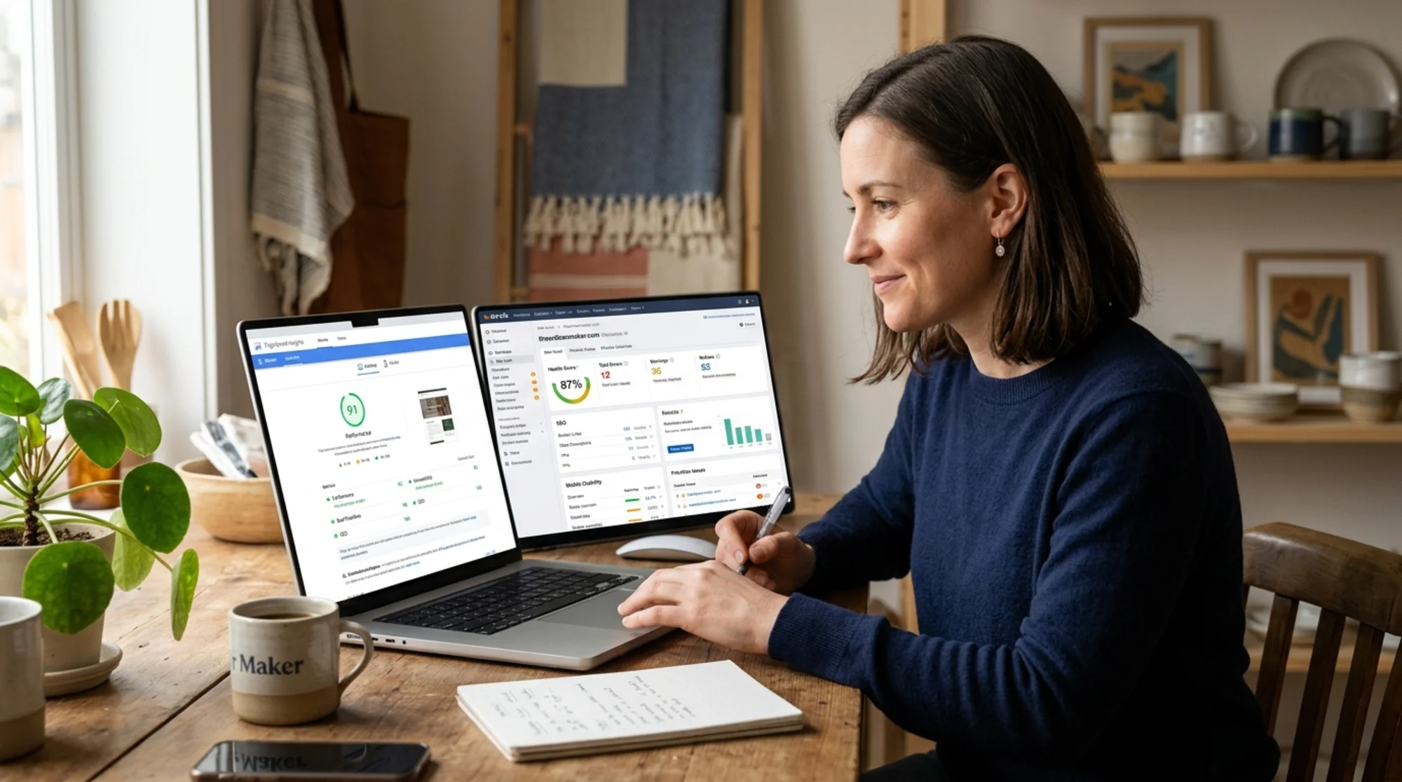 A small business owner looking at two different website report dashboards on a laptop screen, one showing a speed score and the other showing a broader site audit checklist