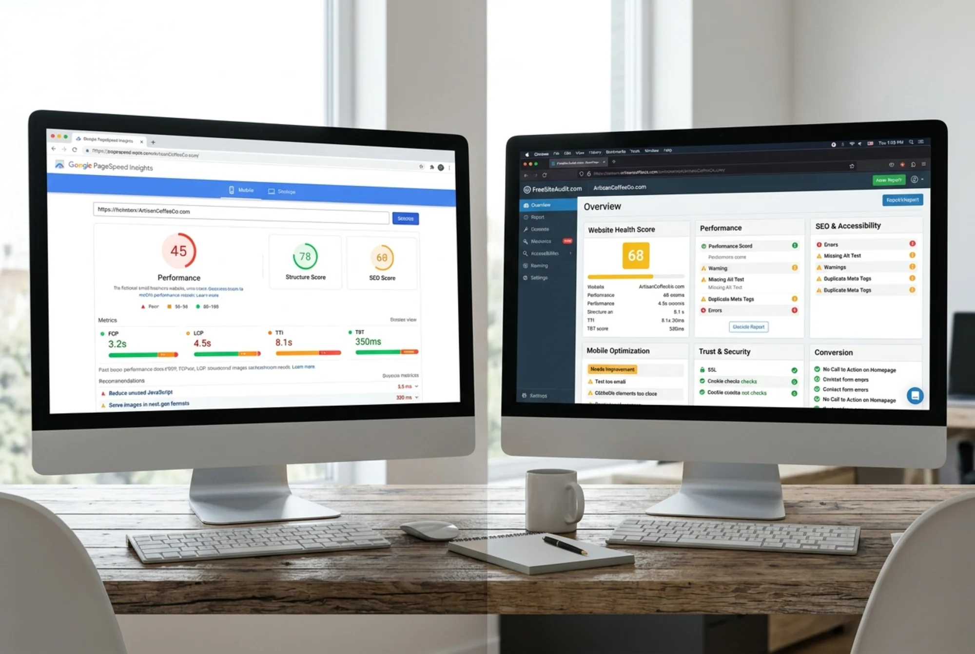 A split-screen comparison showing a Google PageSpeed Insights mobile performance report on one side and a FreeSiteAudit overview report on the other
