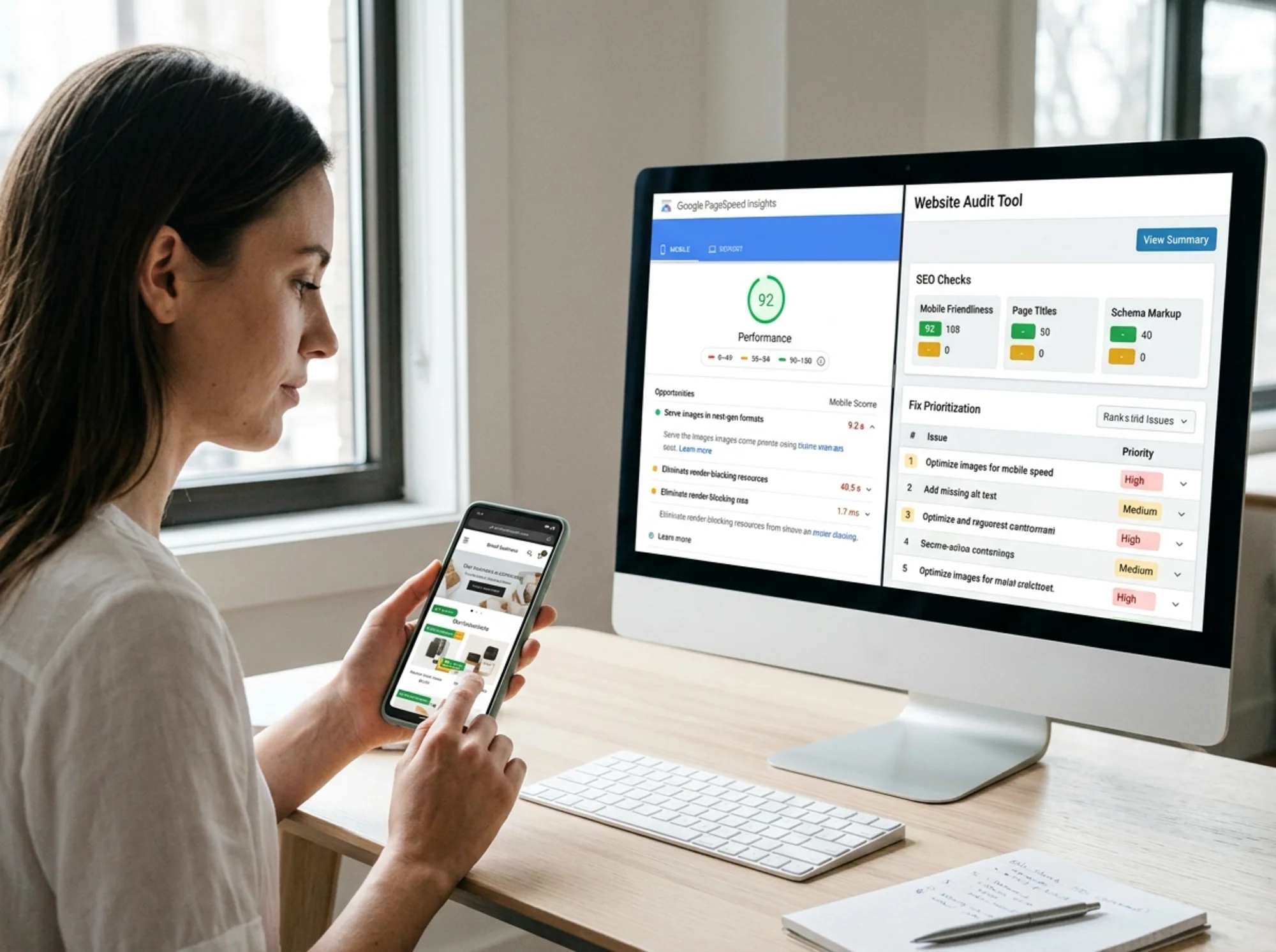 A person reviewing a website on both a phone and a desktop computer, illustrating mobile-first indexing and cross-device testing