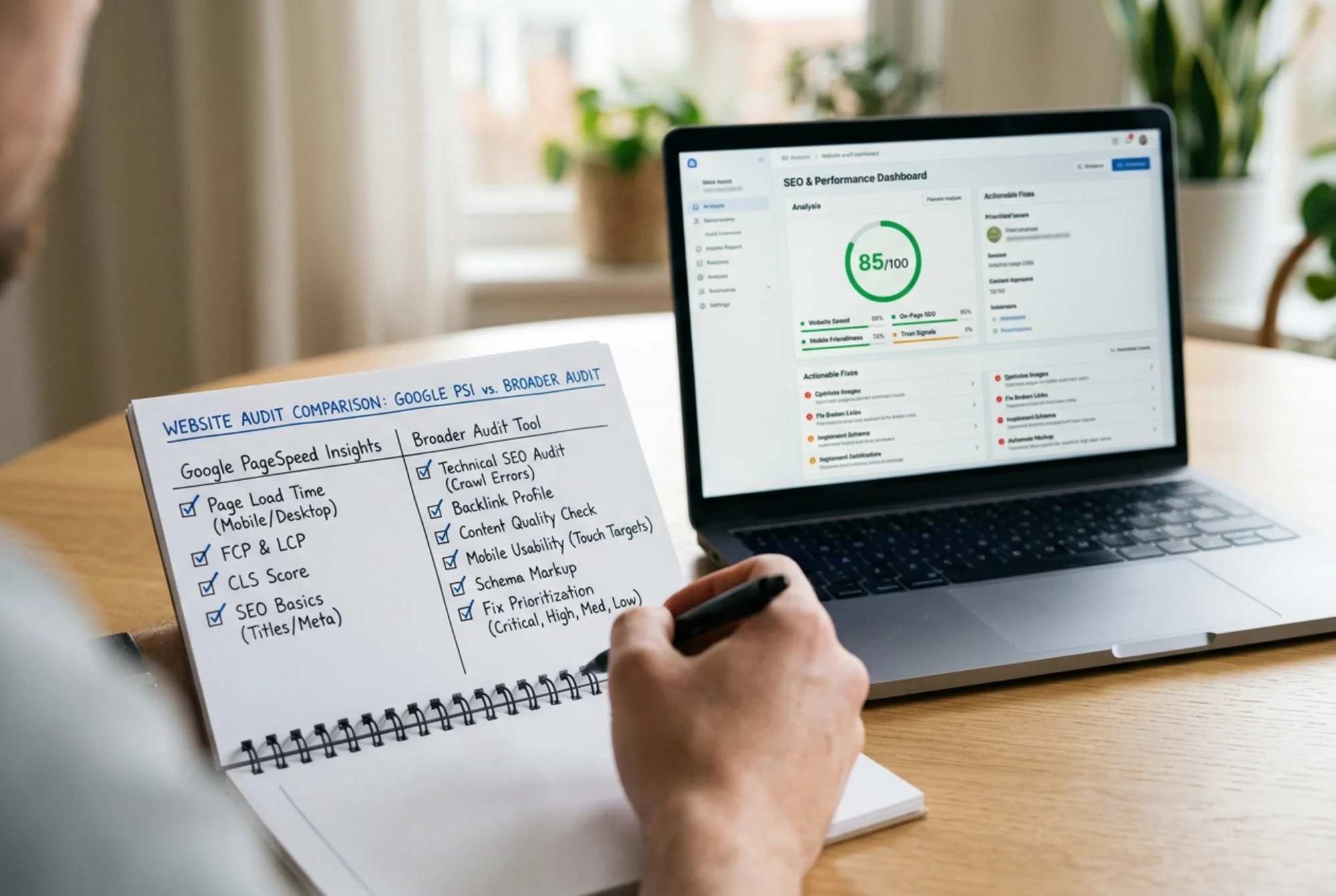 A checklist on a desk next to a laptop showing website health categories like speed, SEO, trust signals, and mobile usability