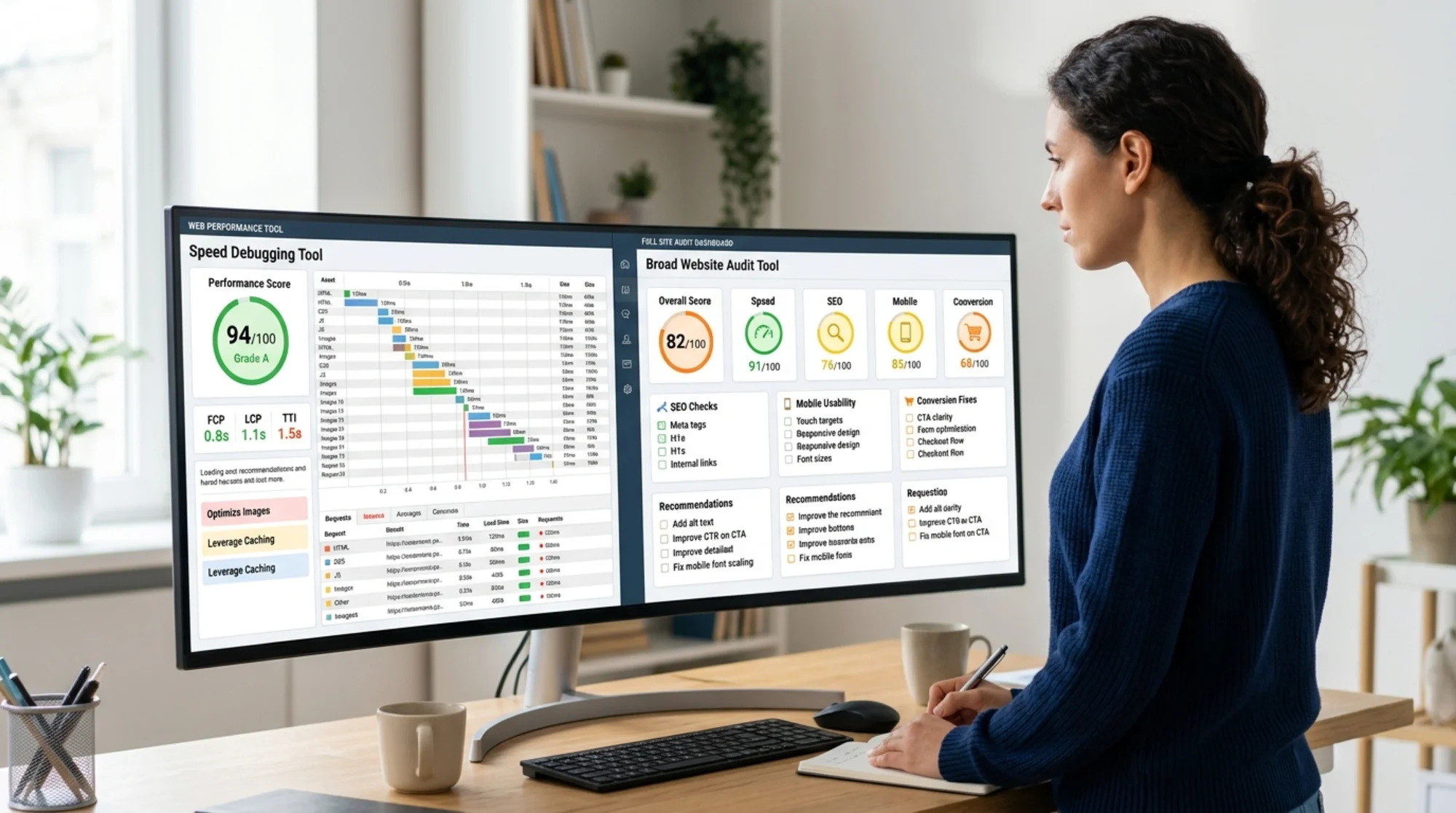 Split-screen showing a GTmetrix-style waterfall chart on the left and a FreeSiteAudit-style multi-category audit dashboard on the right, with speed, SEO, mobile, and conversion scores visible