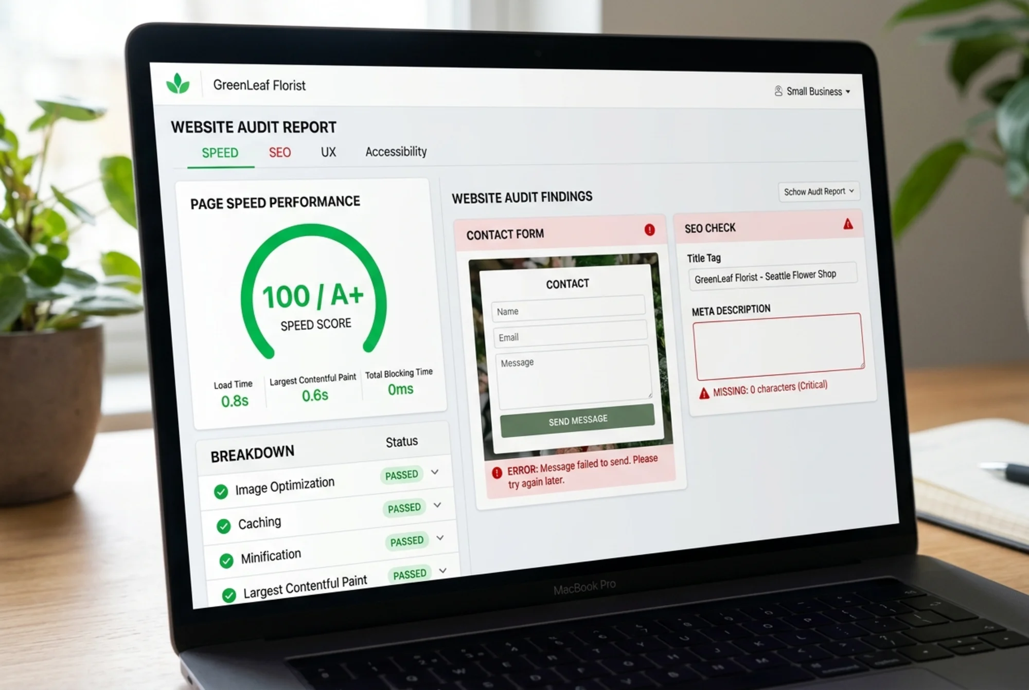 A website report card displaying a perfect speed score next to a broken contact form and a blank meta description field, highlighting what speed-only tools miss