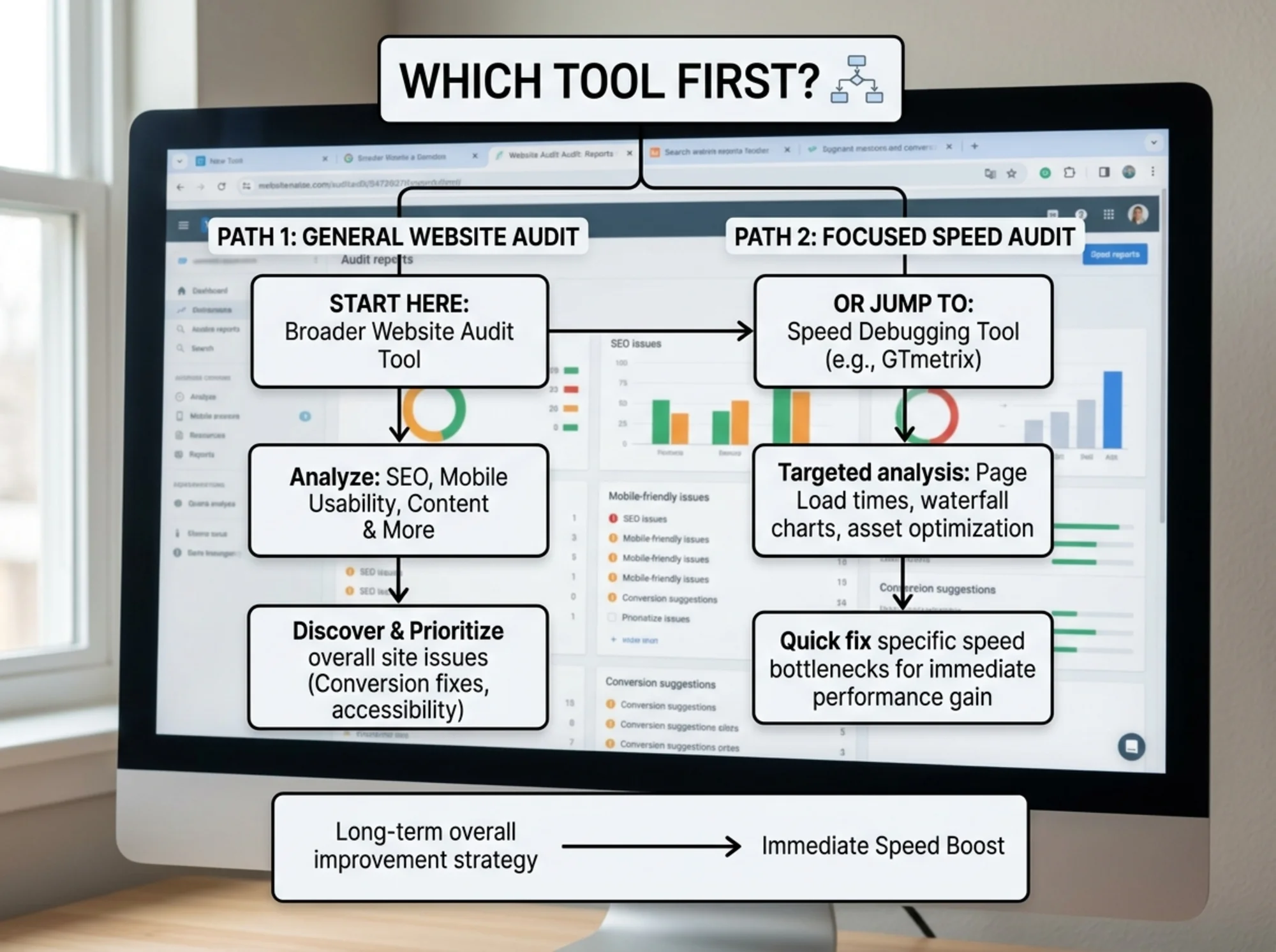 A simple decision flowchart labeled "Which tool first?" with two paths: one starting with a broad FreeSiteAudit check, the other jumping straight to GTmetrix for known speed issues