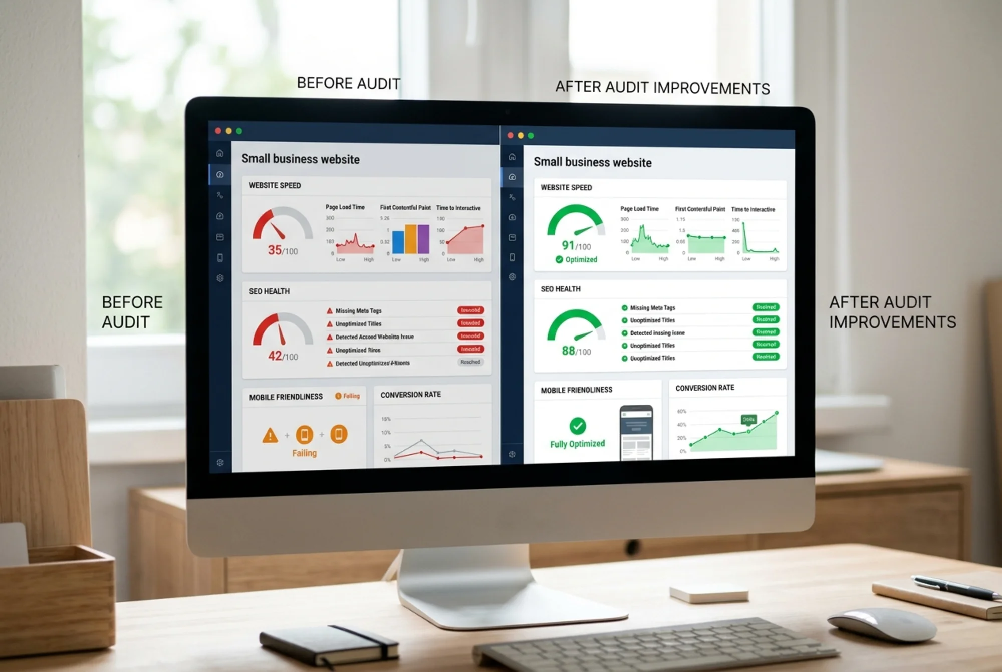 A before-and-after small business dashboard showing low scores improving across speed, SEO, mobile, and conversion categories after using both FreeSiteAudit and GTmetrix together