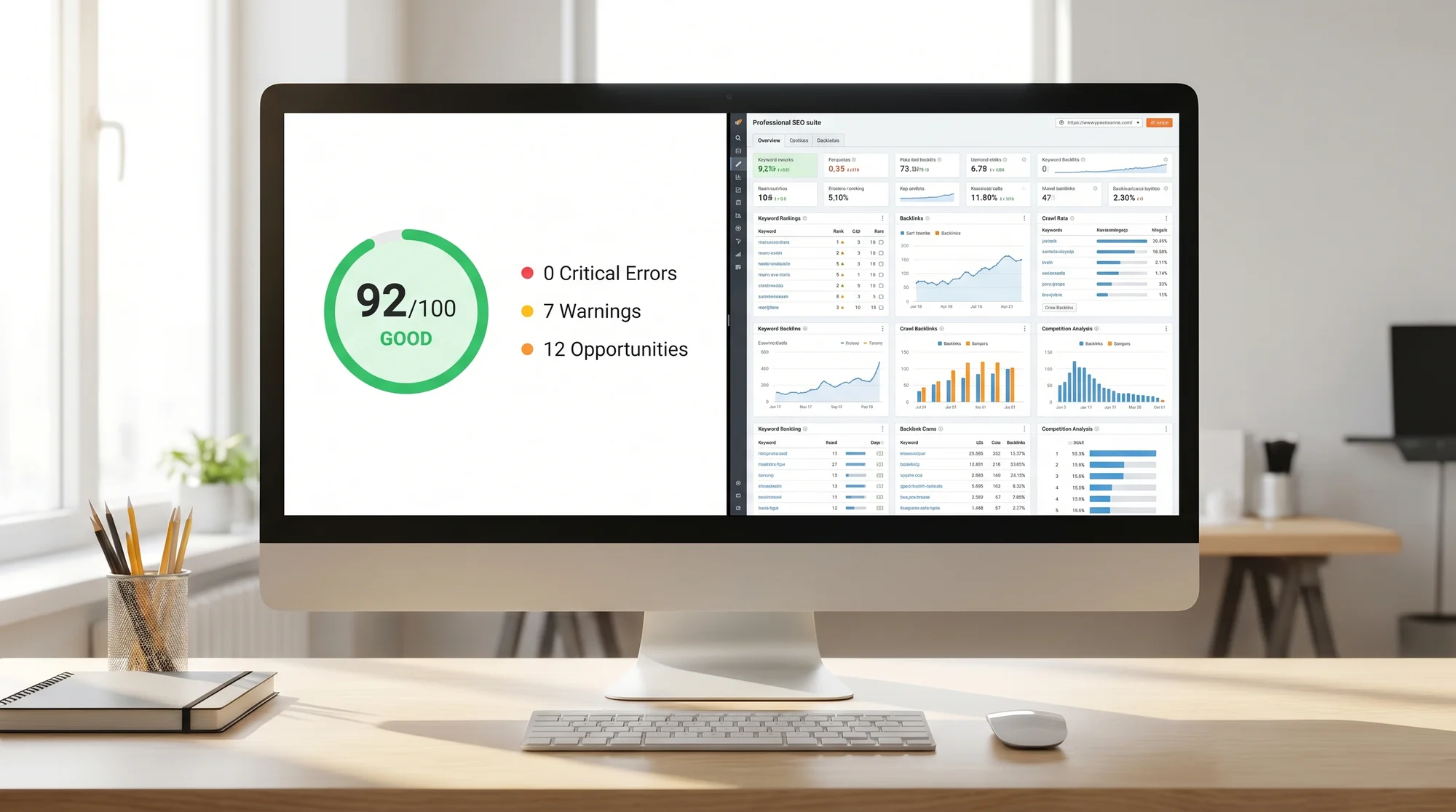 A split-screen comparison of a simple website health view and a more complex SEO suite dashboard