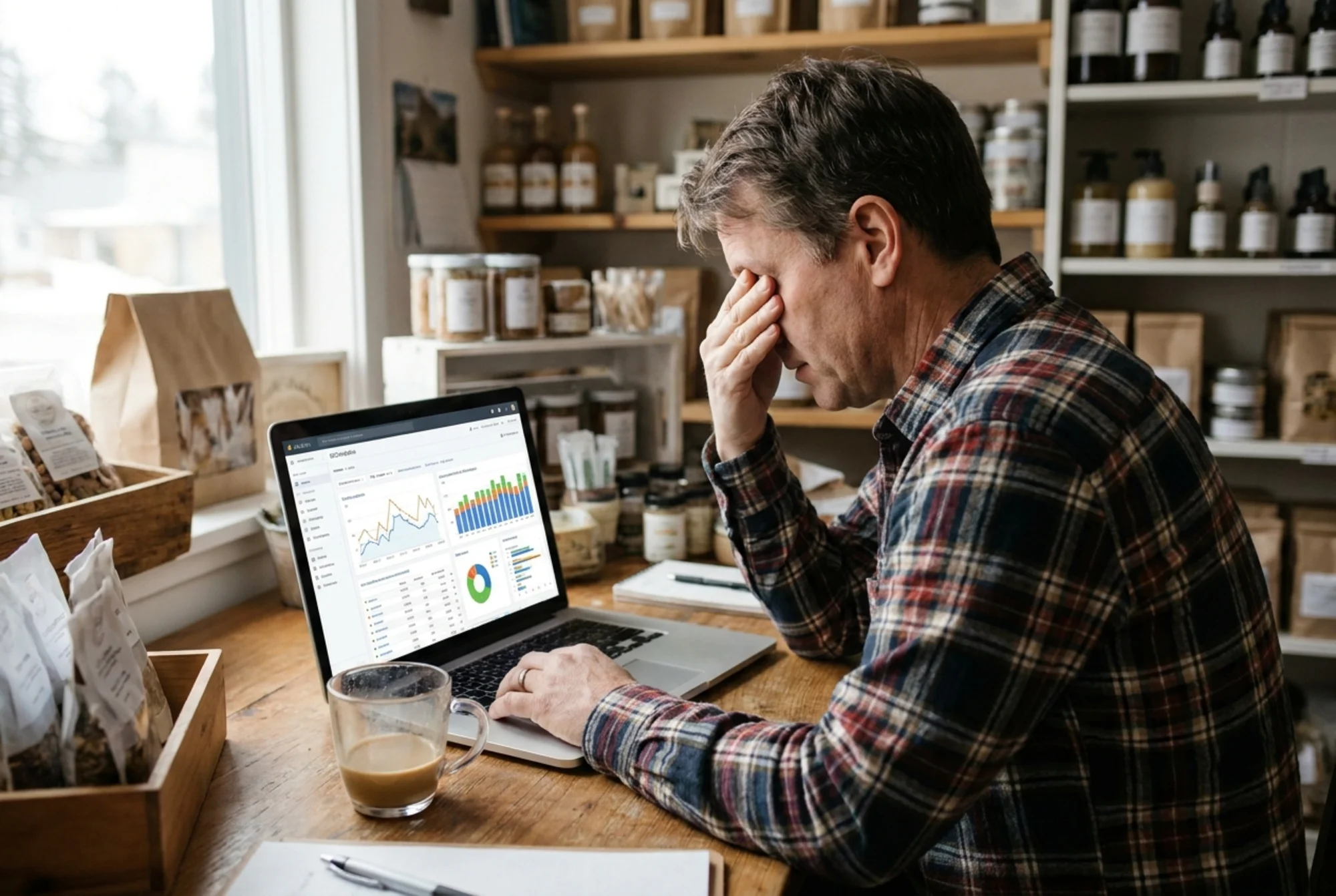 A small business owner feeling overwhelmed by a dense SEO dashboard