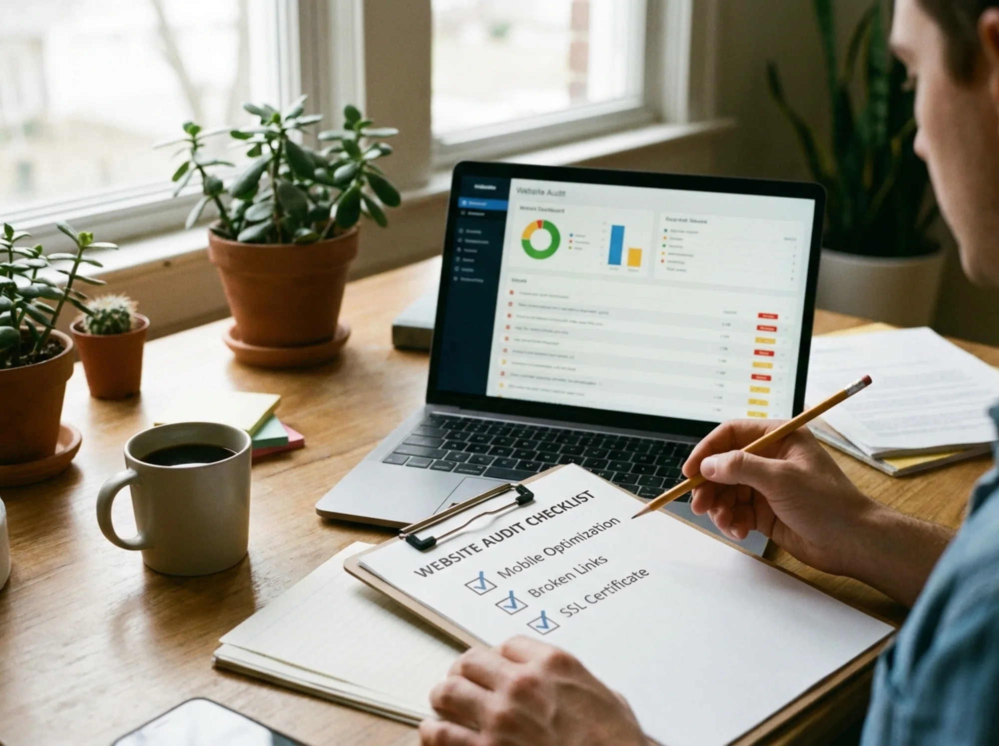A business owner working through a simple website audit checklist