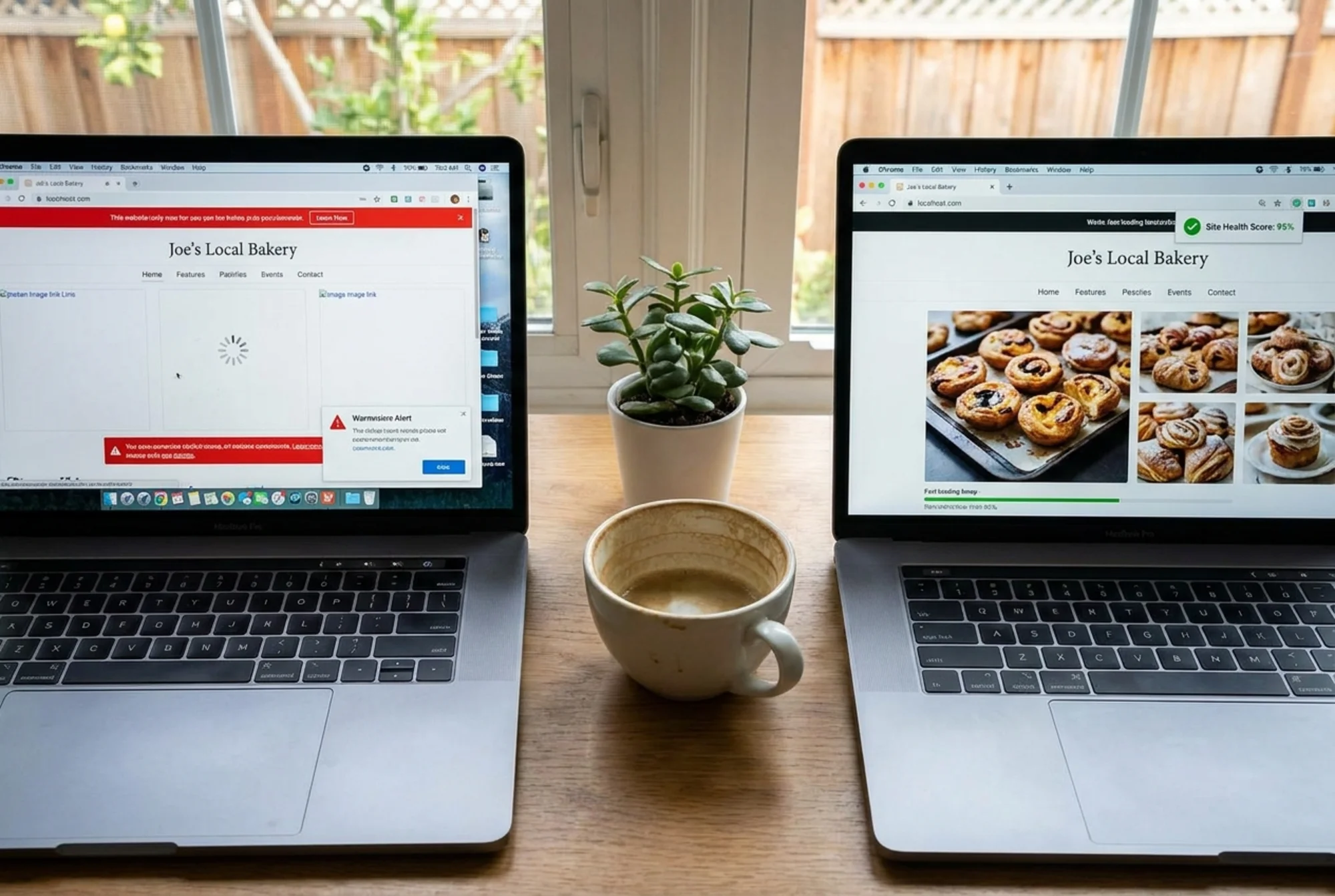 A before-and-after view of a small business website after key fixes are made