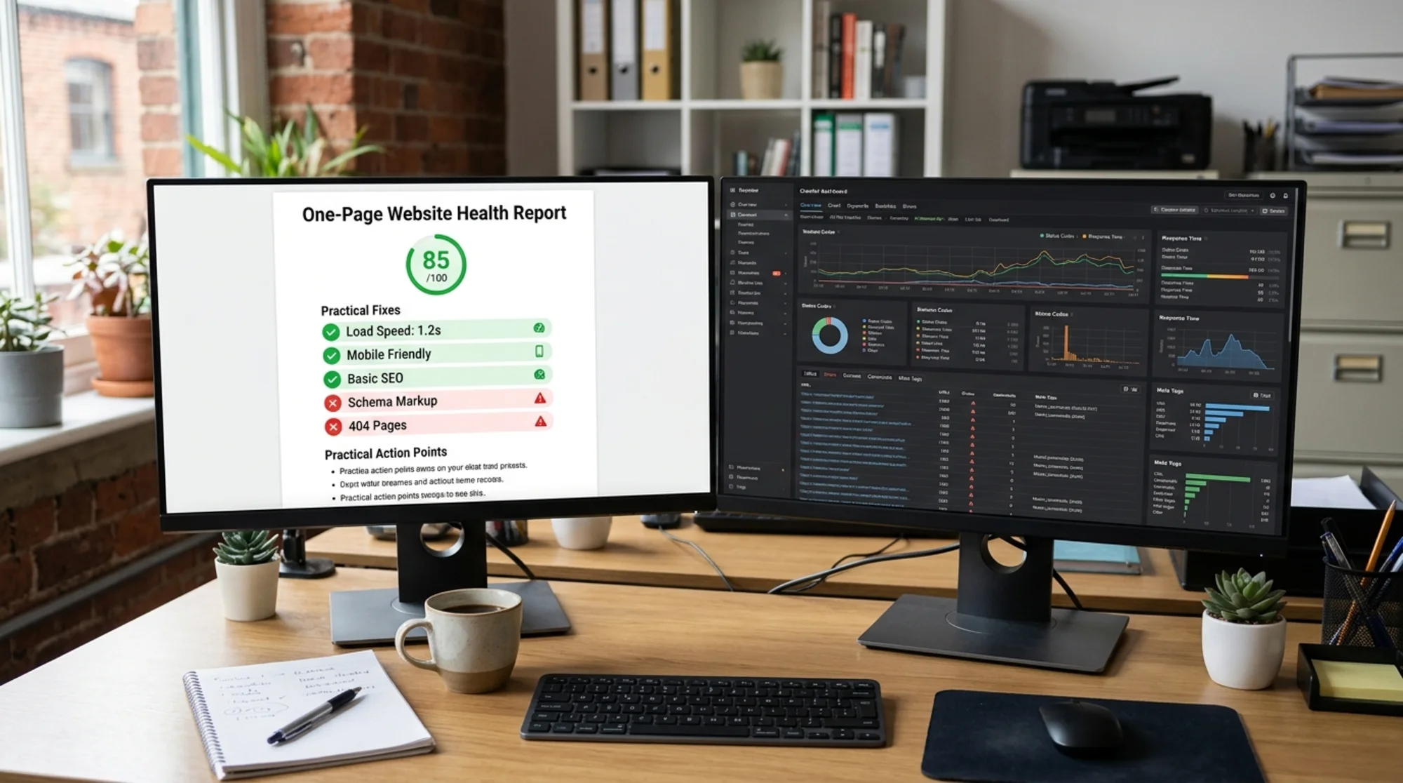 A split-screen comparison of a simple website audit report and a deep technical crawler dashboard