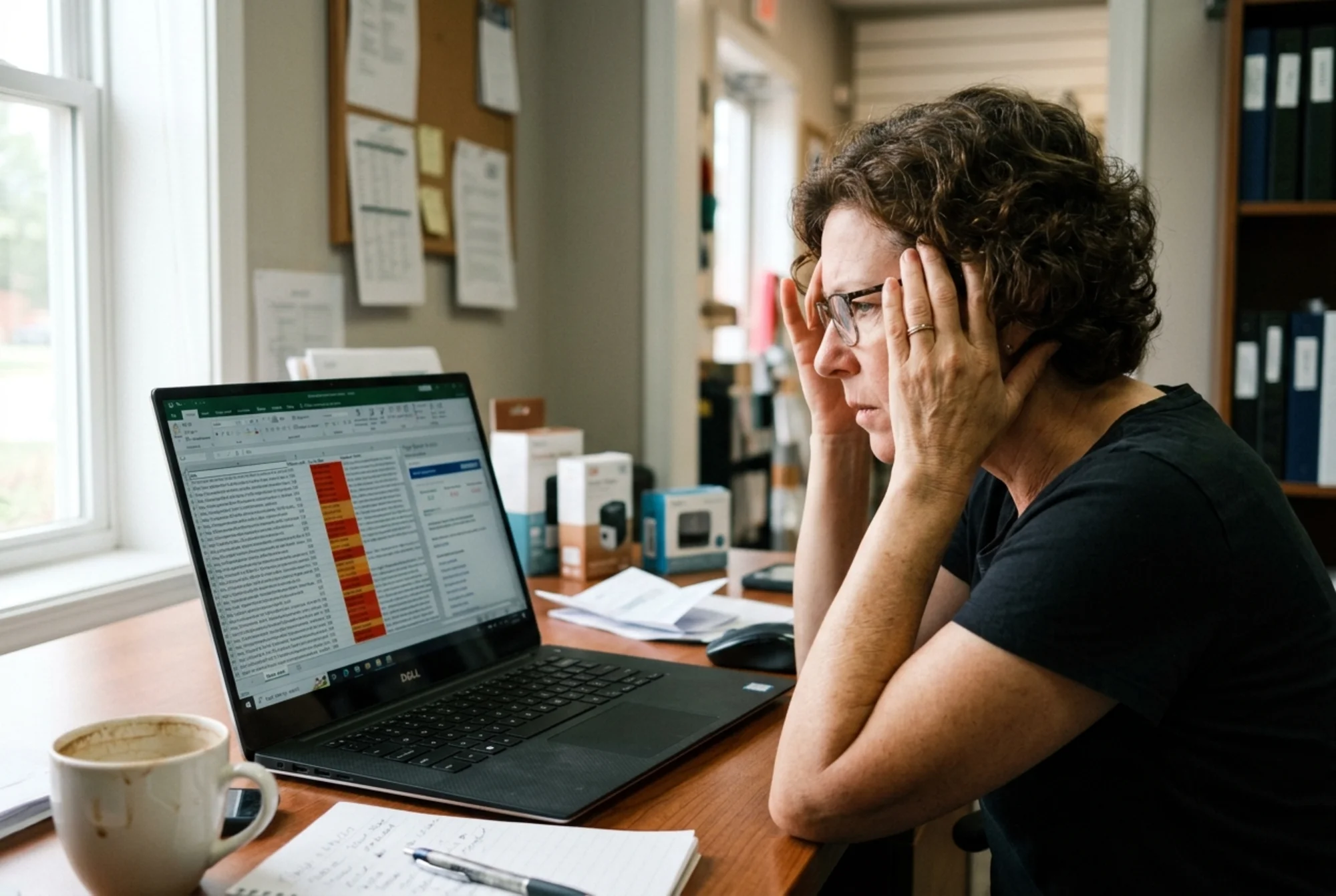 A small business owner looking overwhelmed by a dense technical website audit report