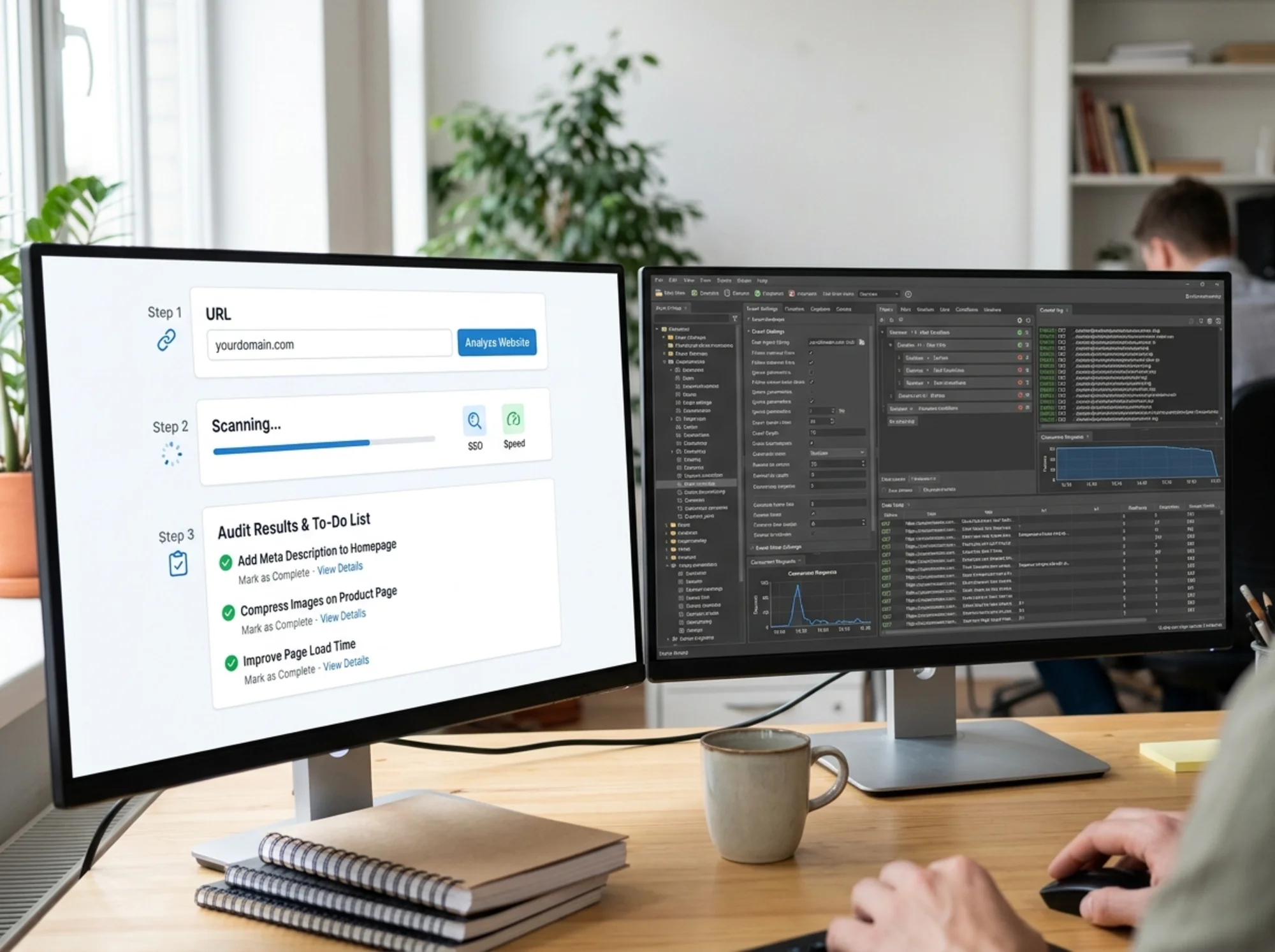 A side-by-side comparison of a simple website audit workflow and a more complex crawler setup