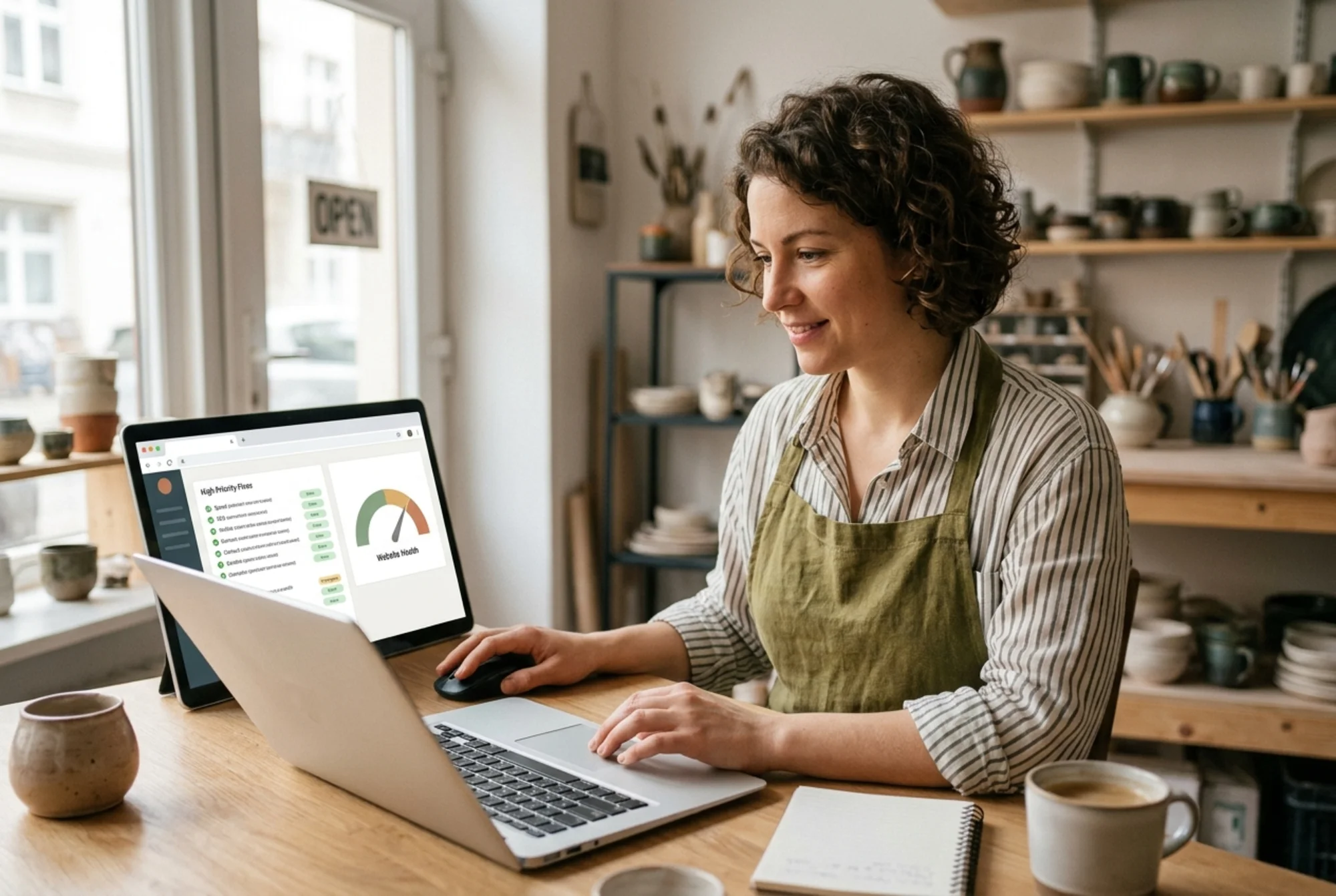 A small business owner working through a prioritized website improvement checklist