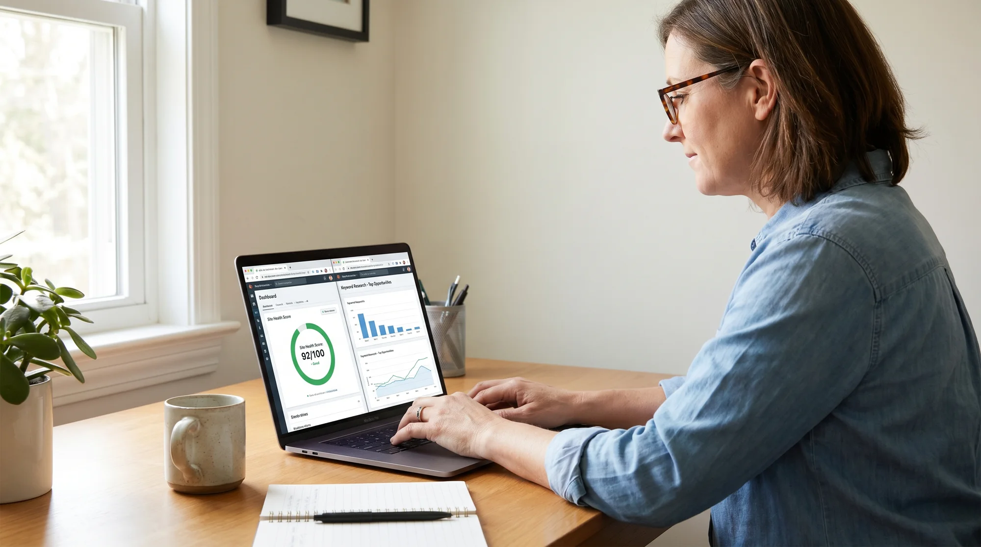 A small business owner comparing a website health score and keyword research dashboard on a desktop browser