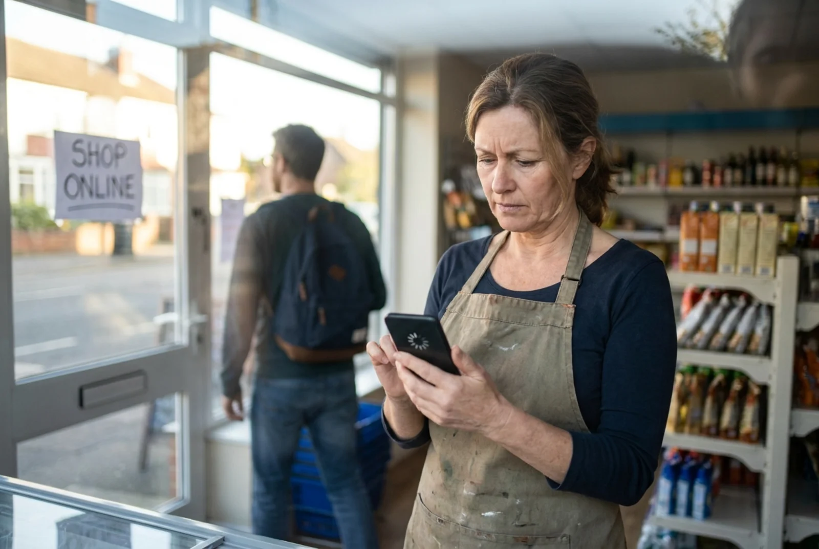 A frustrated shop owner looking at a slow mobile website while a customer walks past the storefront