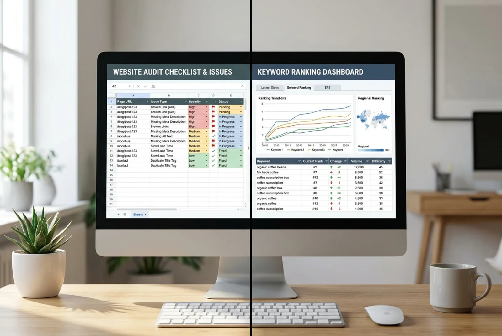 A split-screen comparison of a website audit checklist and a keyword ranking dashboard