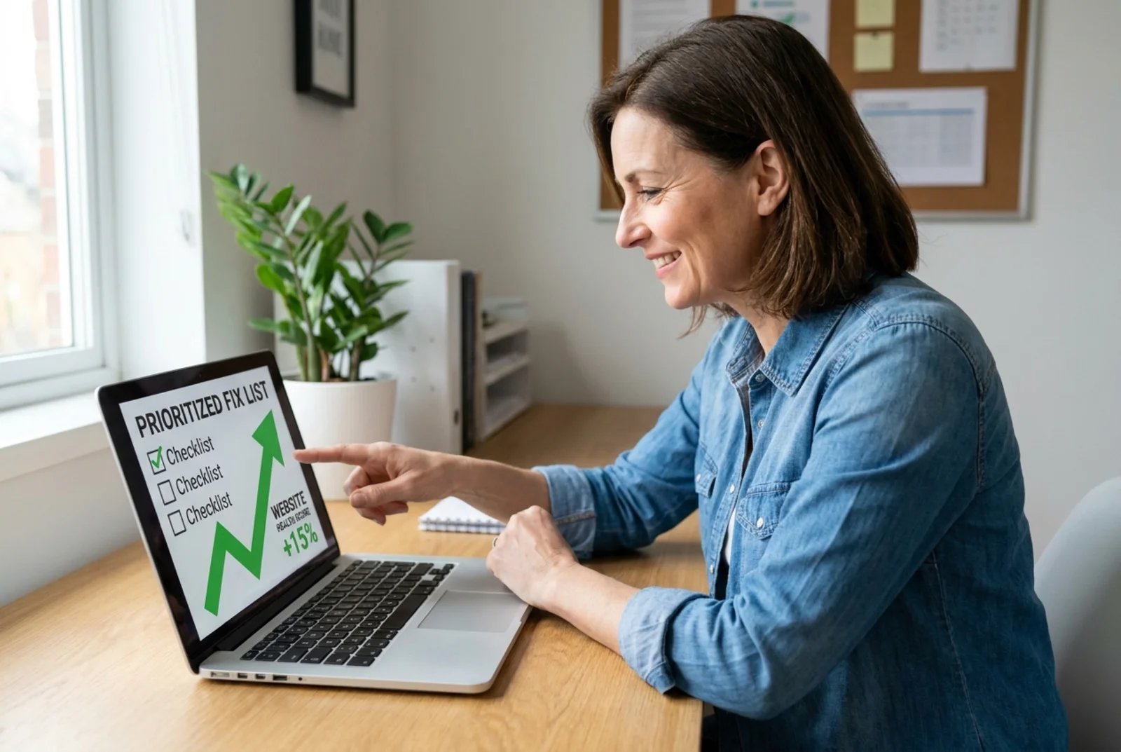 A small business owner reviewing a prioritized website fix list with an improved health score