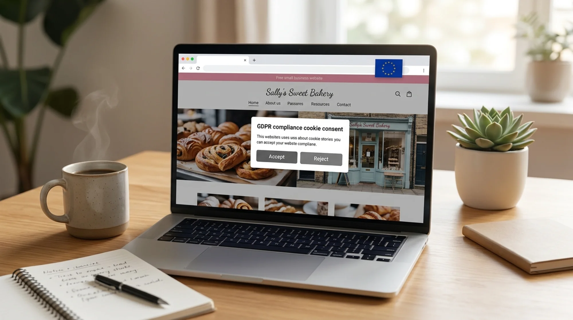 Browser window showing a small bakery website with a GDPR cookie consent banner offering Accept and Reject buttons of equal weight, EU flag indicator in the corner, calm morning workspace with coffee and notebook