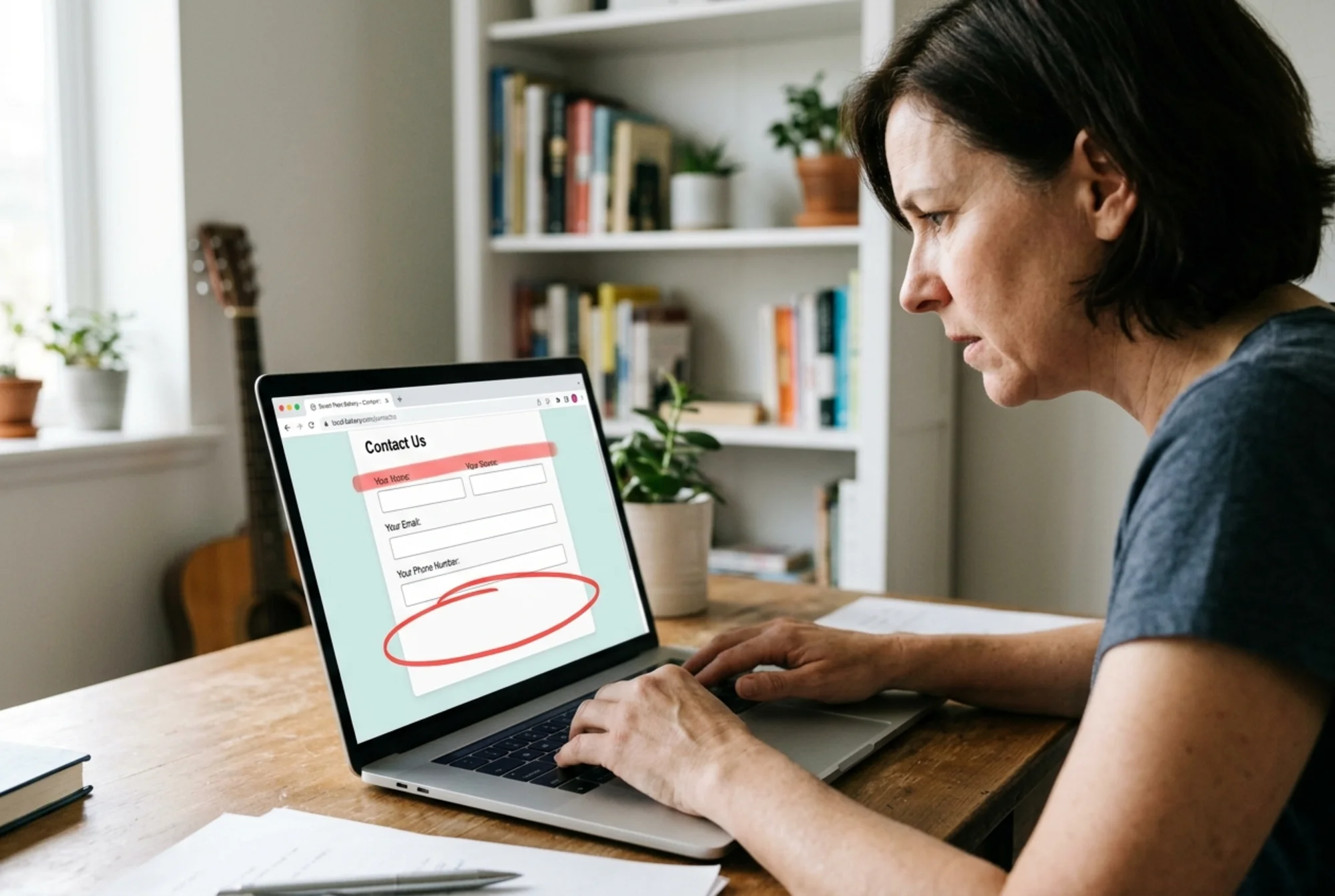 Website contact form open in a browser with name, email, and phone fields, no privacy notice or consent checkbox visible, red highlight circles drawn around missing GDPR elements, solo founder reviewing on laptop with concerned expression