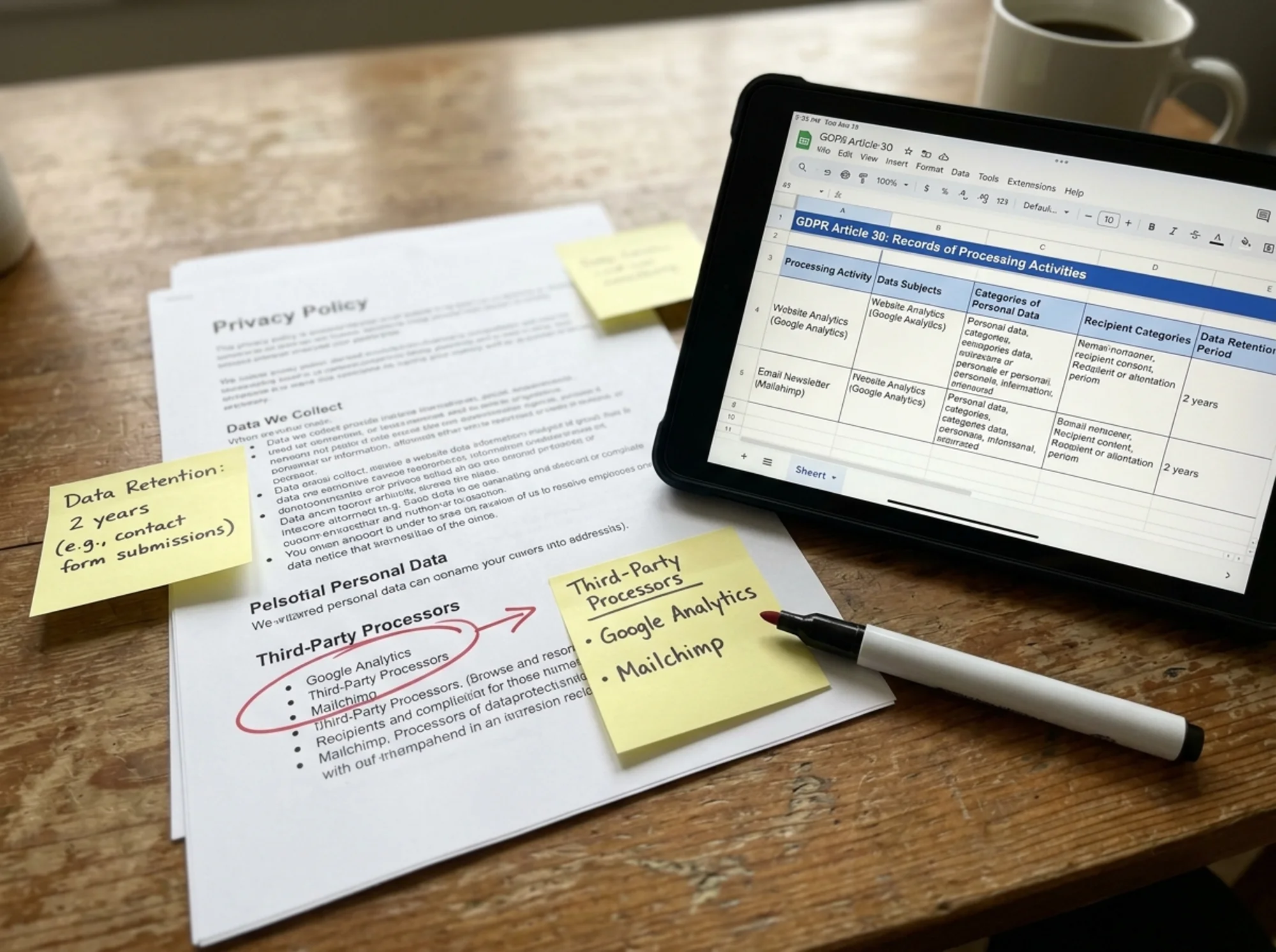 Printed privacy policy document on a wooden desk with yellow sticky notes annotating data retention periods, third-party processors like Google Analytics and Mailchimp, marker pen and a tablet showing a GDPR Article 30 records register
