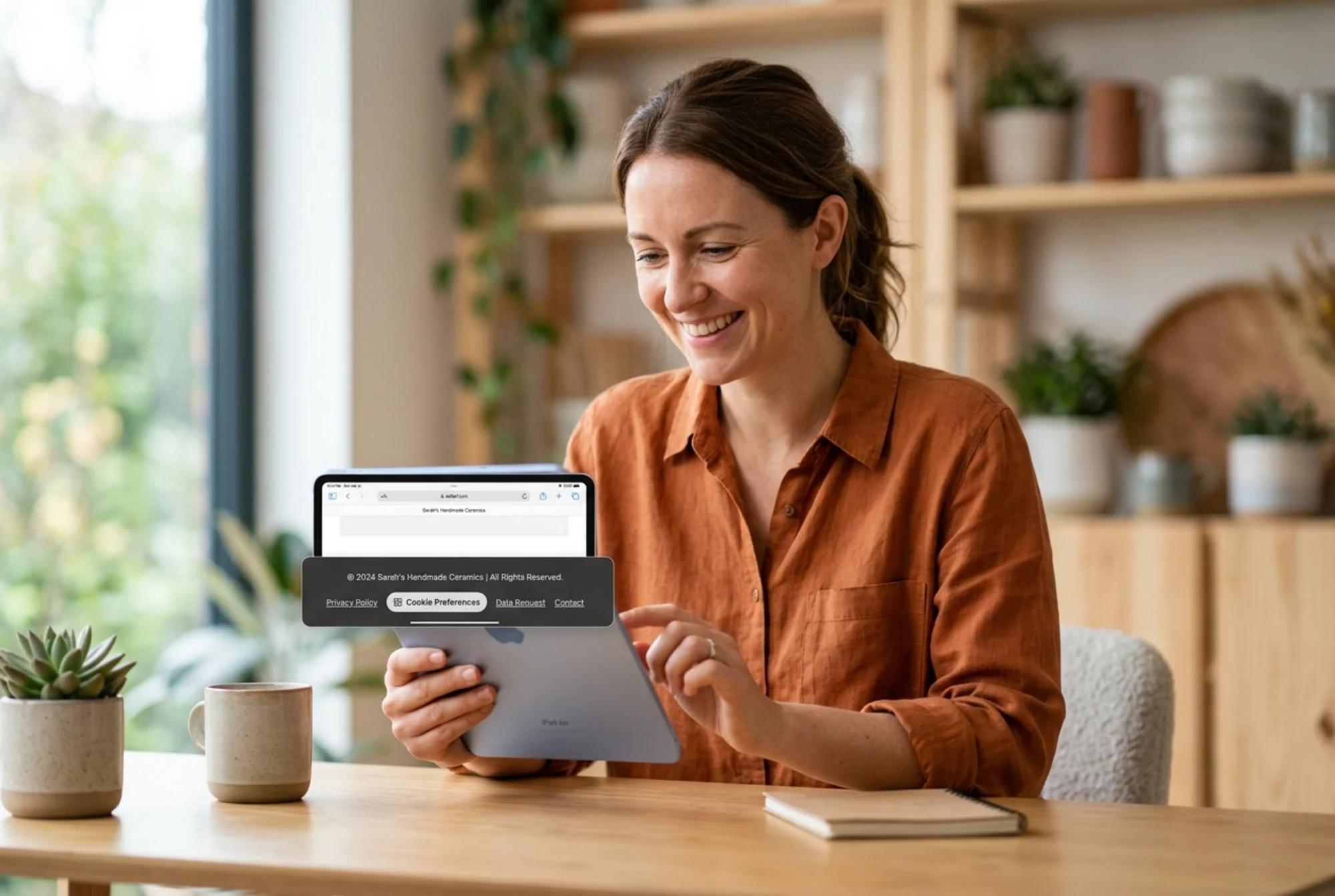 Clean compliant website footer in a browser showing updated privacy policy link, Cookie Preferences button, and Data Request link, small business owner smiling while confirming changes on a tablet in a bright office