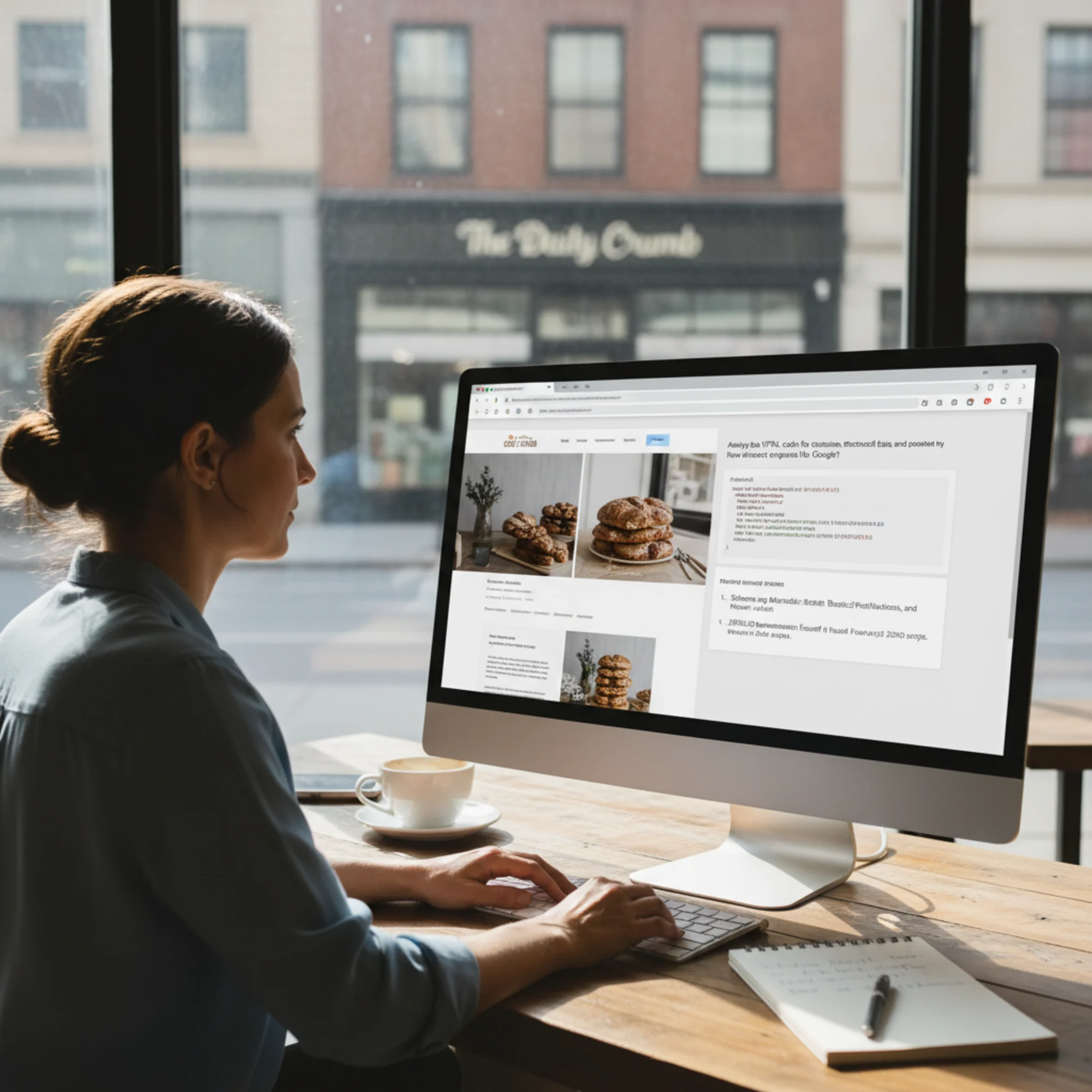 A small business owner pasting their website HTML source code into the Google Gemini chat interface, with their storefront website visible in a browser tab behind the Gemini window