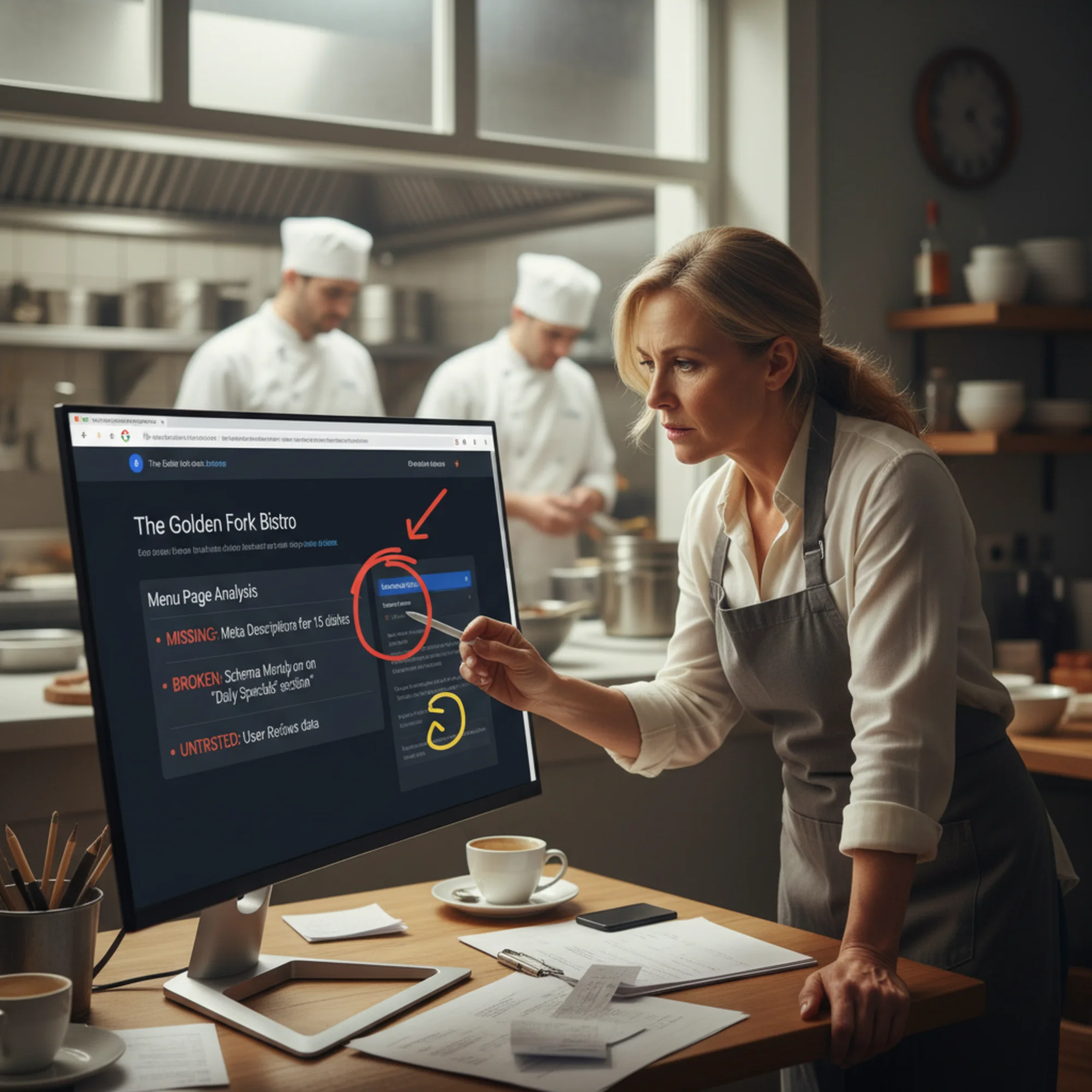 A restaurant owner studying a Gemini response that lists missing meta descriptions and broken structured data on their menu page, with red warning annotations visible on screen