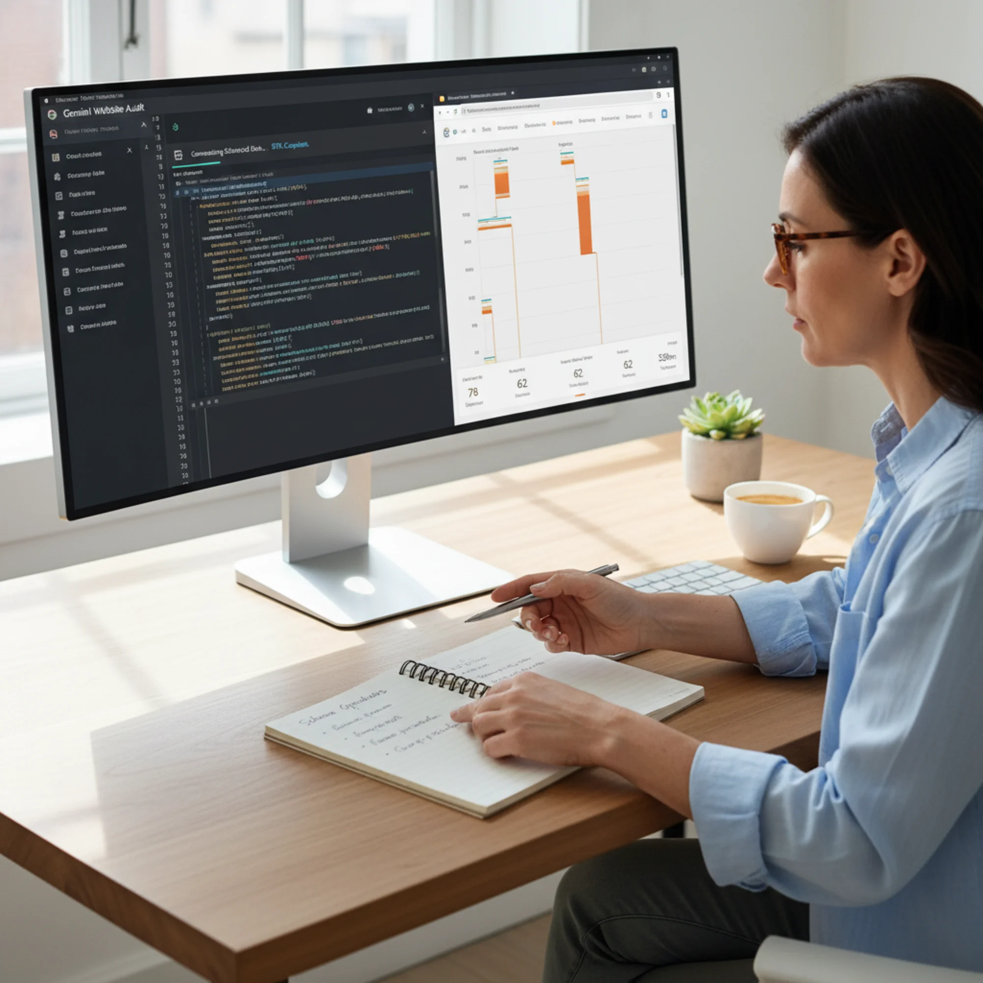A split-screen showing Gemini generating JSON-LD structured data on one side and a Lighthouse performance waterfall chart on the other, with the business owner comparing results on a notepad
