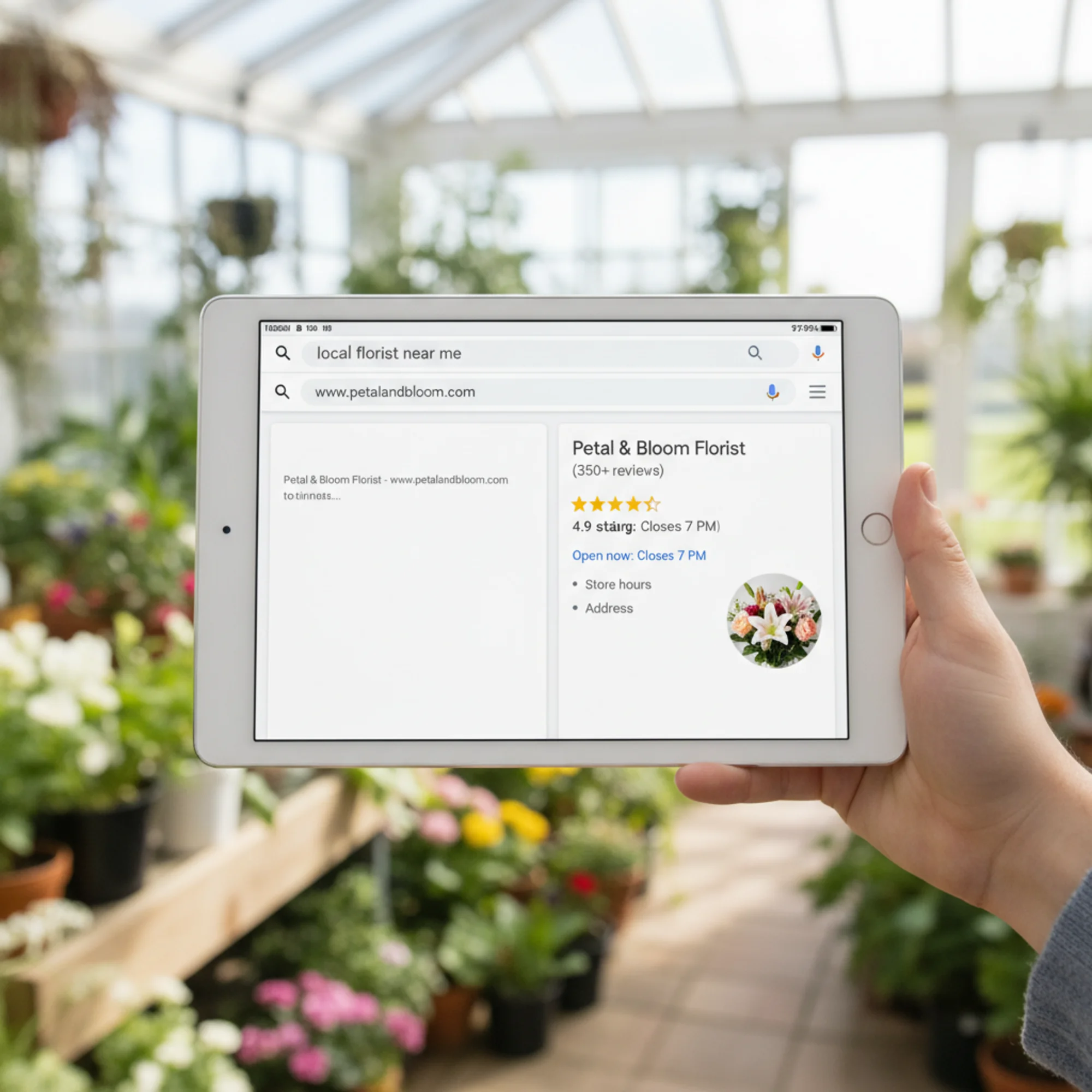 A before-and-after comparison of a local florist's Google search result — the left showing a plain blue link with no snippet, the right showing an enhanced listing with star ratings and business hours after applying Gemini-generated structured data