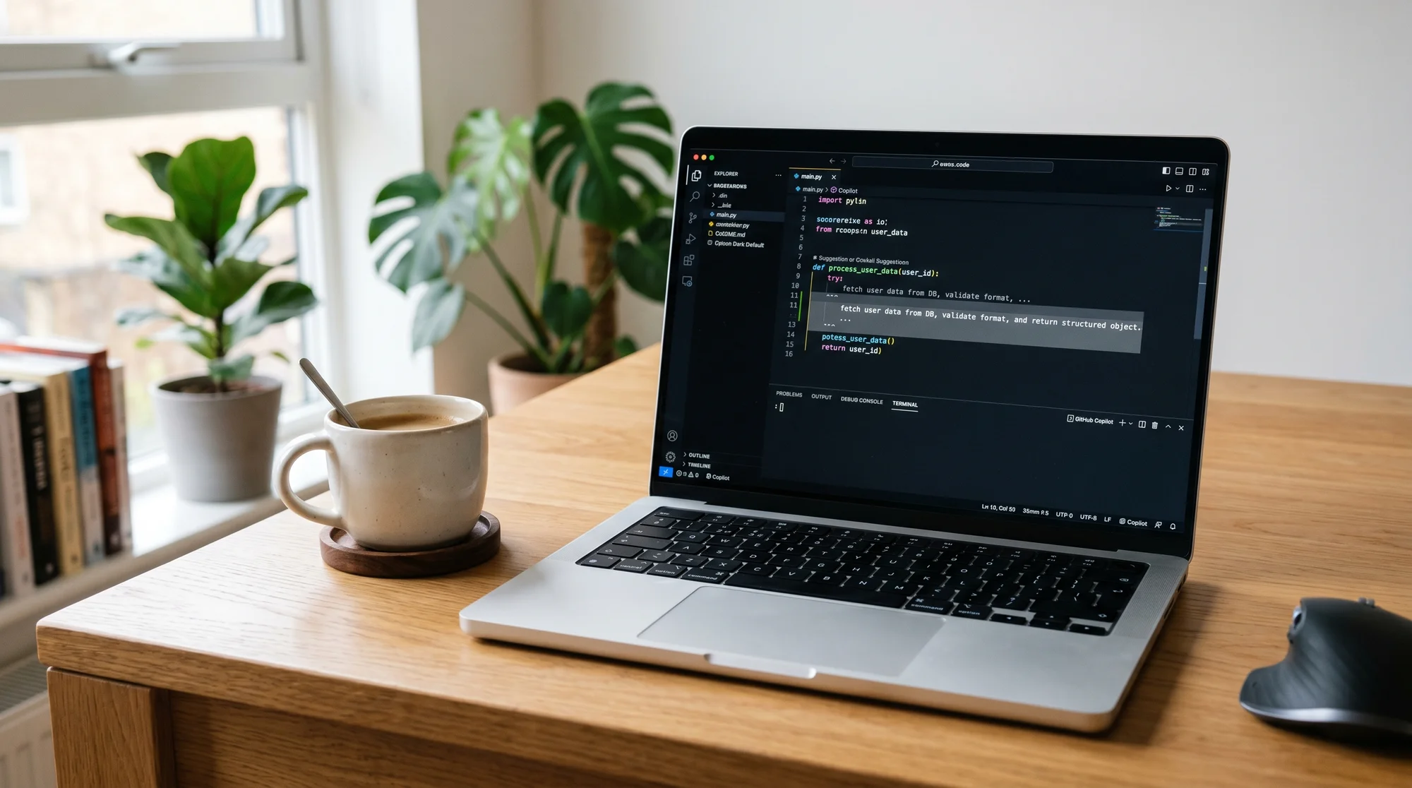A laptop screen showing a code editor with GitHub Copilot suggestions visible in a clean workspace with a coffee cup nearby, realistic photo, natural lighting, minimal composition, NOT cartoony