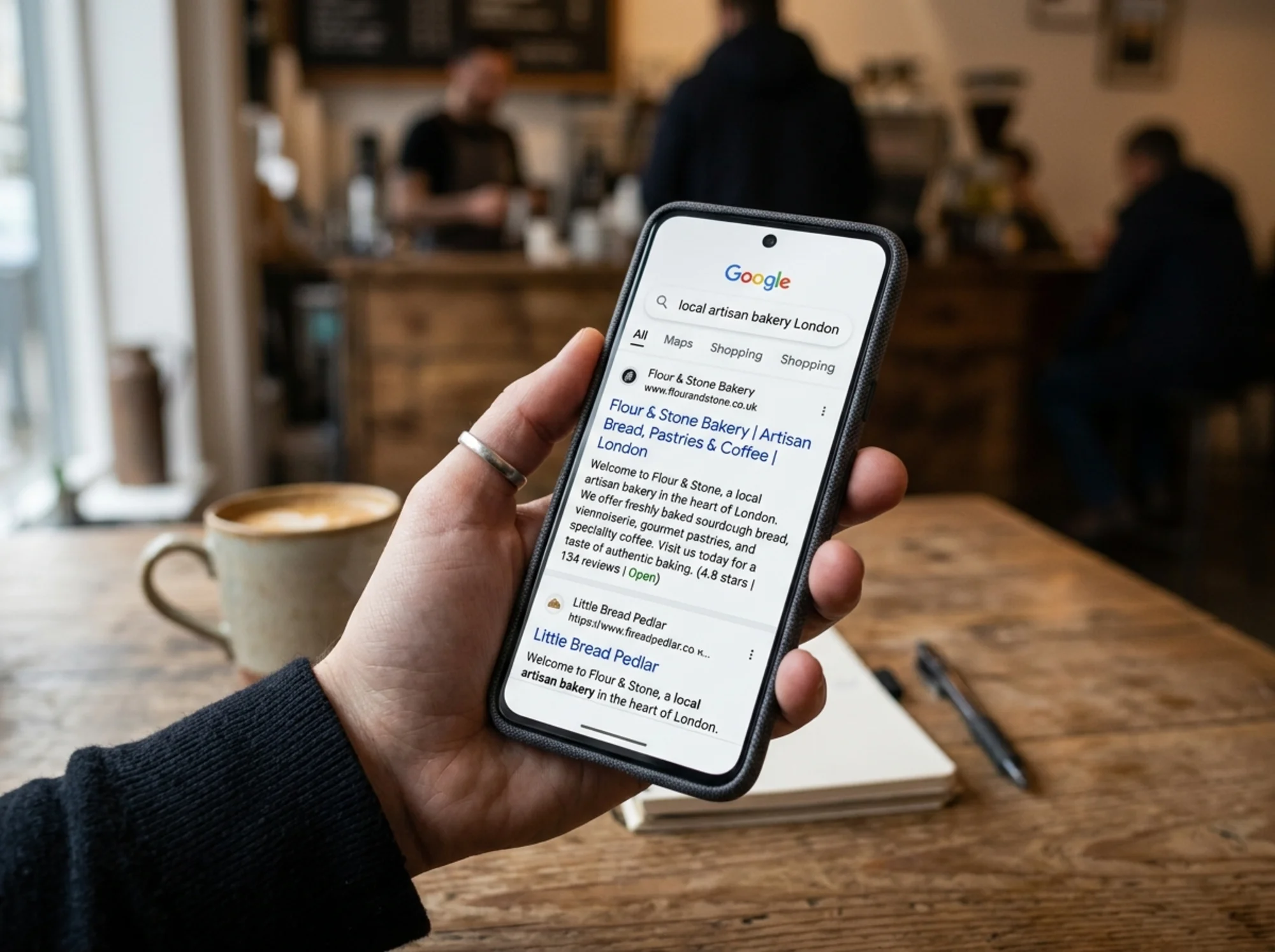 A smartphone showing a Google search results page with clearly visible title tags and meta descriptions for a small business website, realistic photo, natural lighting, minimal composition, NOT cartoony