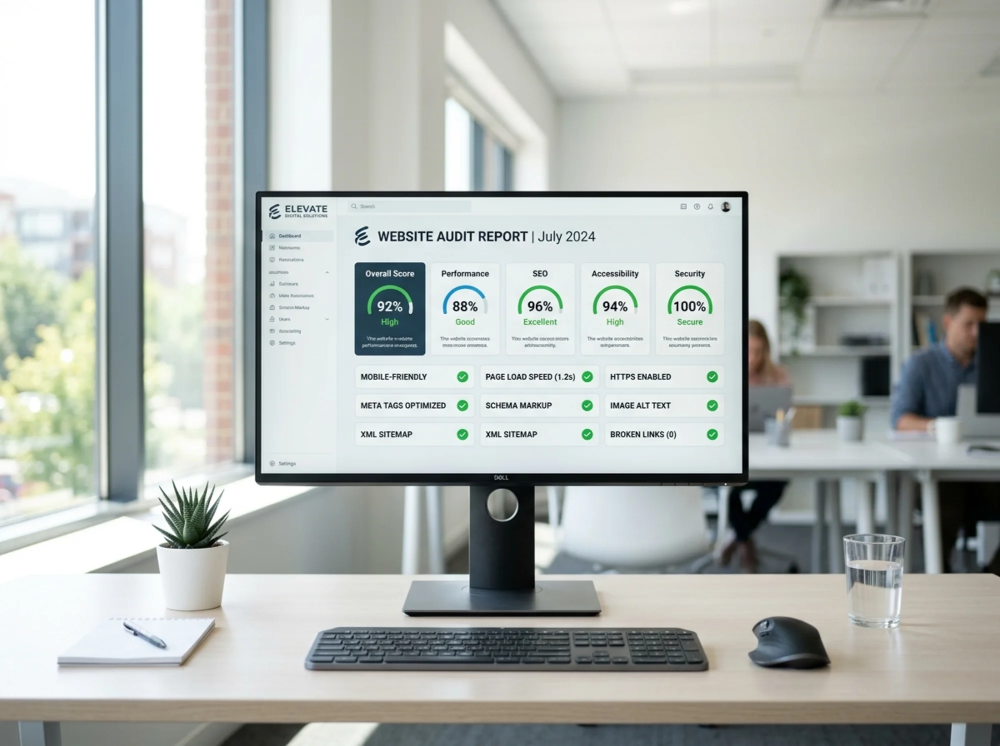 A desktop monitor displaying a clean website audit report with scores and checkmarks in a bright office setting, realistic photo, natural lighting, minimal composition, NOT cartoony