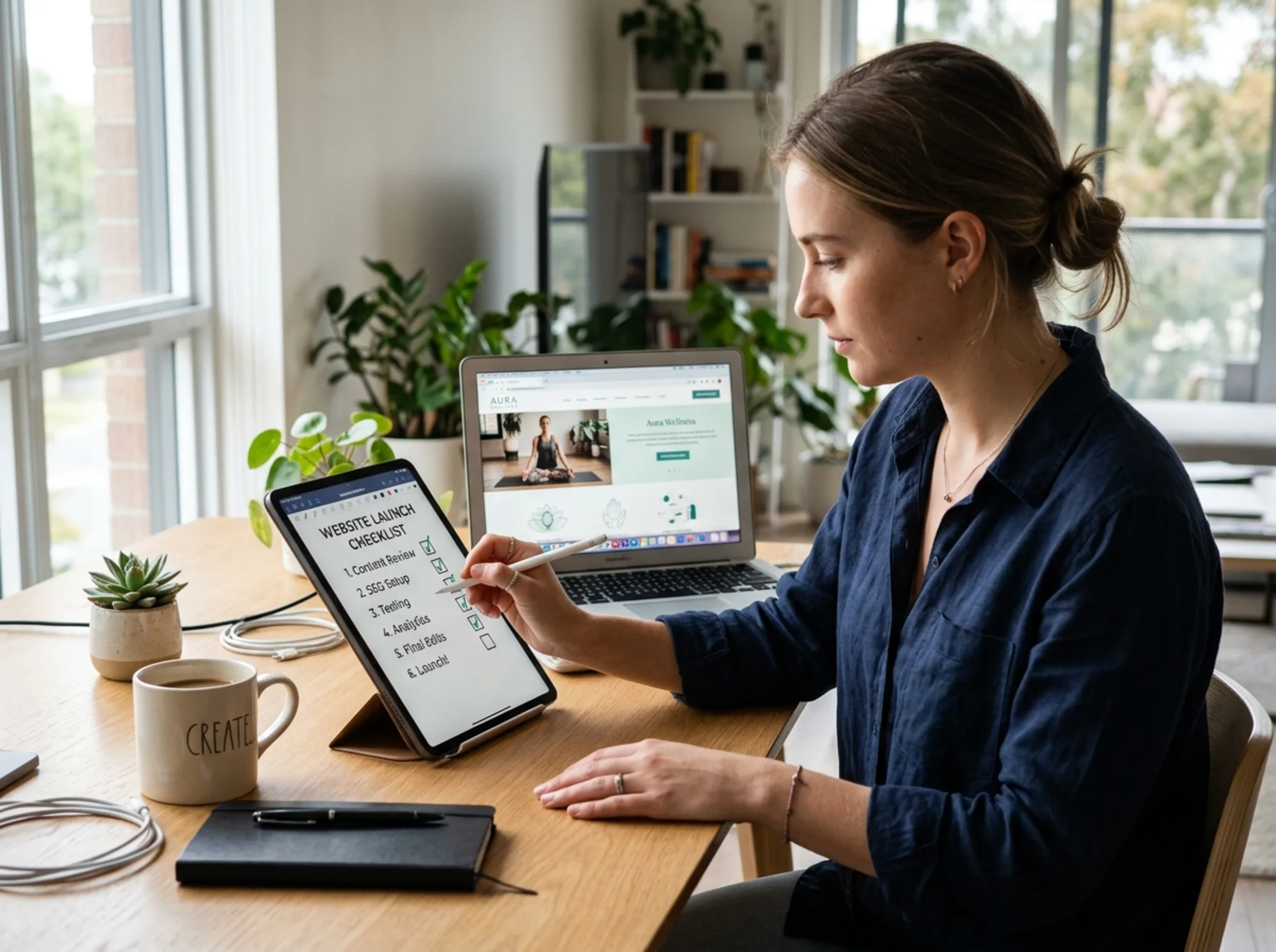 A person reviewing a website launch checklist on a tablet at a clean desk with a laptop open to a website in the background, realistic photo, natural lighting, minimal composition, NOT cartoony