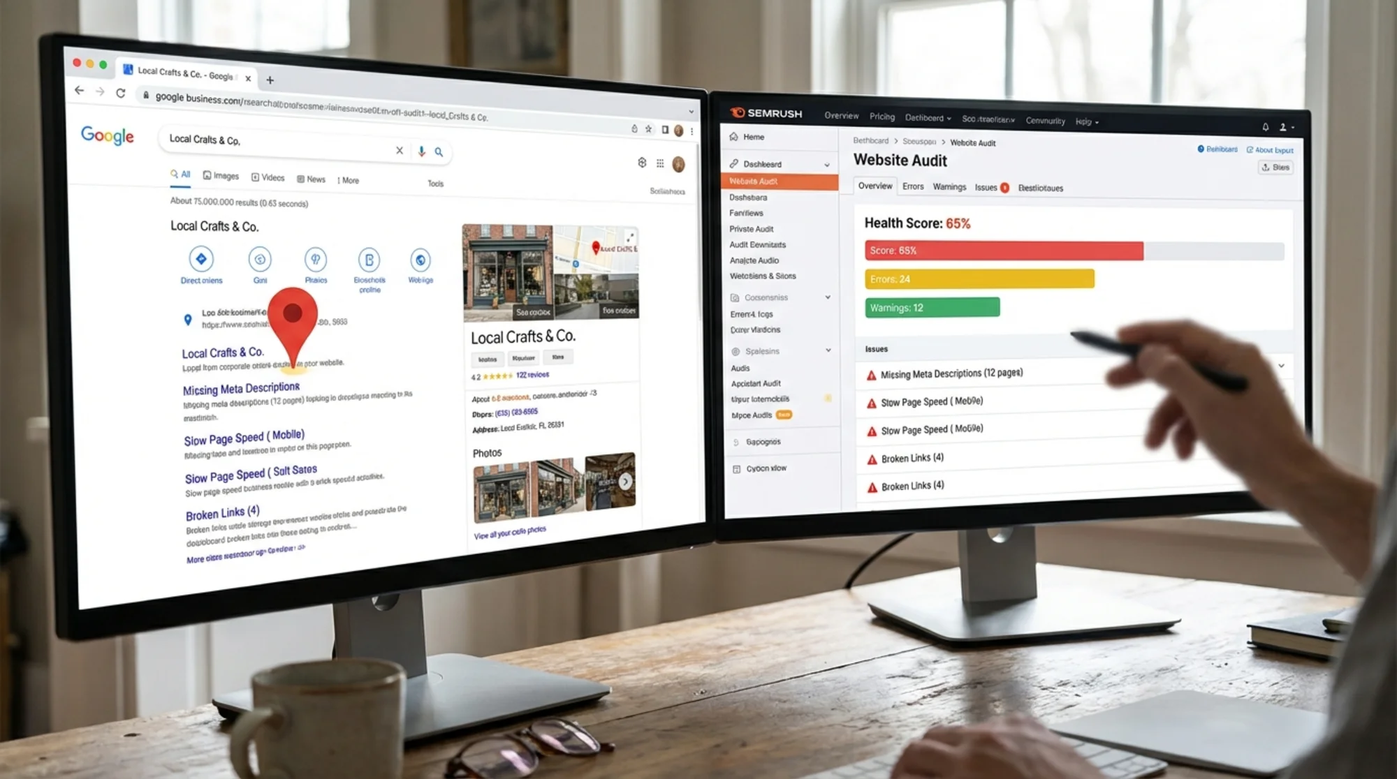 A split-screen showing a Google Business Profile listing on the left with map pin and reviews, and a website audit dashboard on the right with colored score bars and issue flags