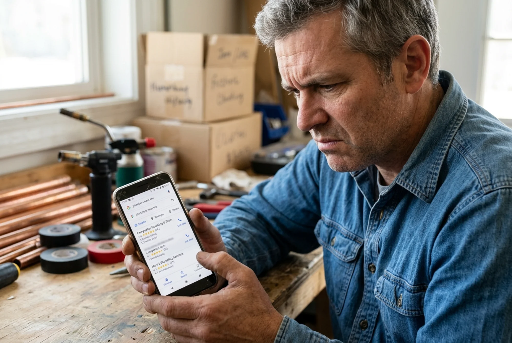 A small business owner frowning at their phone screen where a competitor's listing appears above theirs in the Google Maps local three-pack for a plumbing search