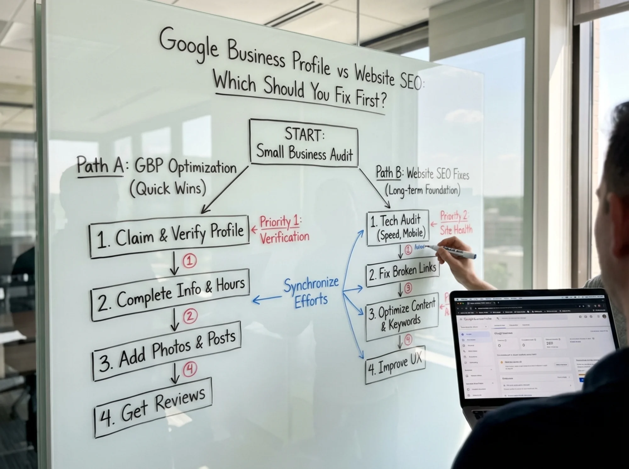 A decision flowchart drawn on a glass whiteboard with two labeled paths — GBP optimization steps on one side and website SEO fix steps on the other, connected by arrows and priority numbers
