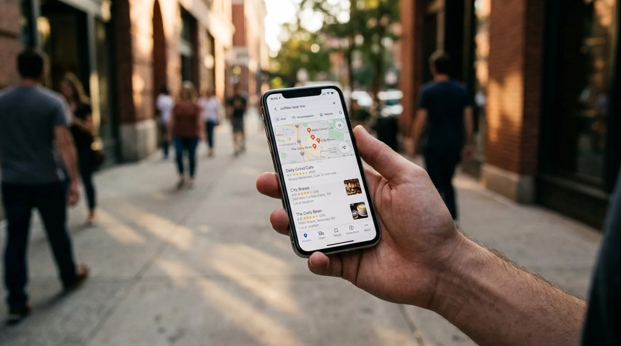 Close-up of a smartphone showing a Google Maps local pack with three pinned coffee shops, a person's hand holding the phone on a city sidewalk, late afternoon light, realistic and grounded