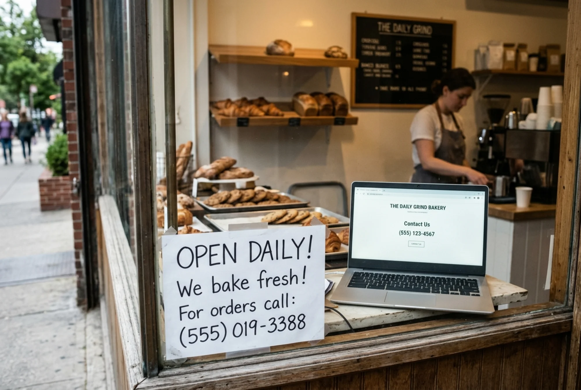 A small bakery storefront window with a printed paper sign showing an outdated phone number, while the same business shows a different phone number on a laptop screen visible through the window, depicting NAP inconsistency