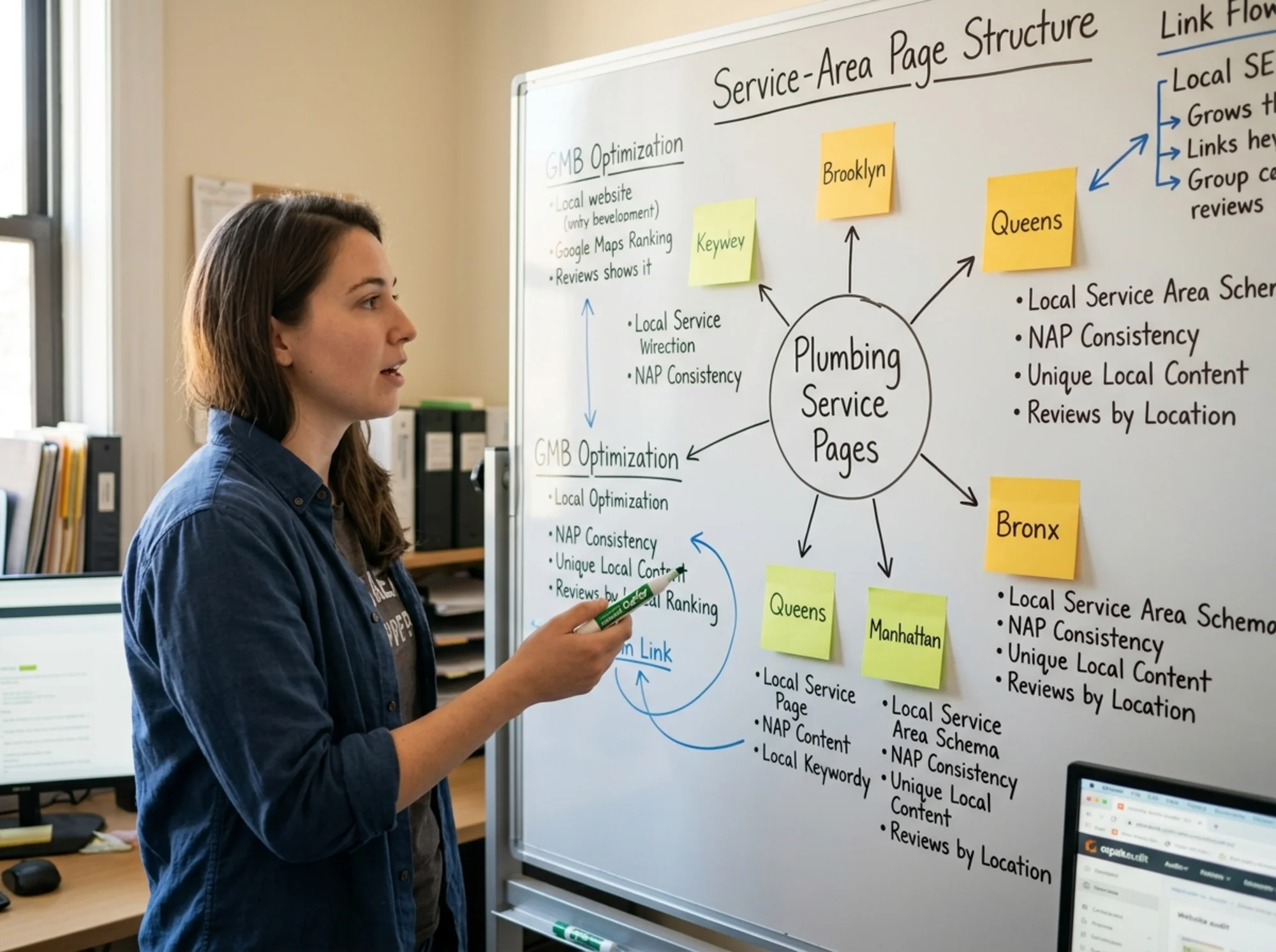 A whiteboard in a small office covered in handwritten notes mapping a service-area page structure, with sticky notes labeled "Brooklyn", "Queens", "Bronx" connected by arrows to a central "Plumbing" node, marker in hand mid-sentence
