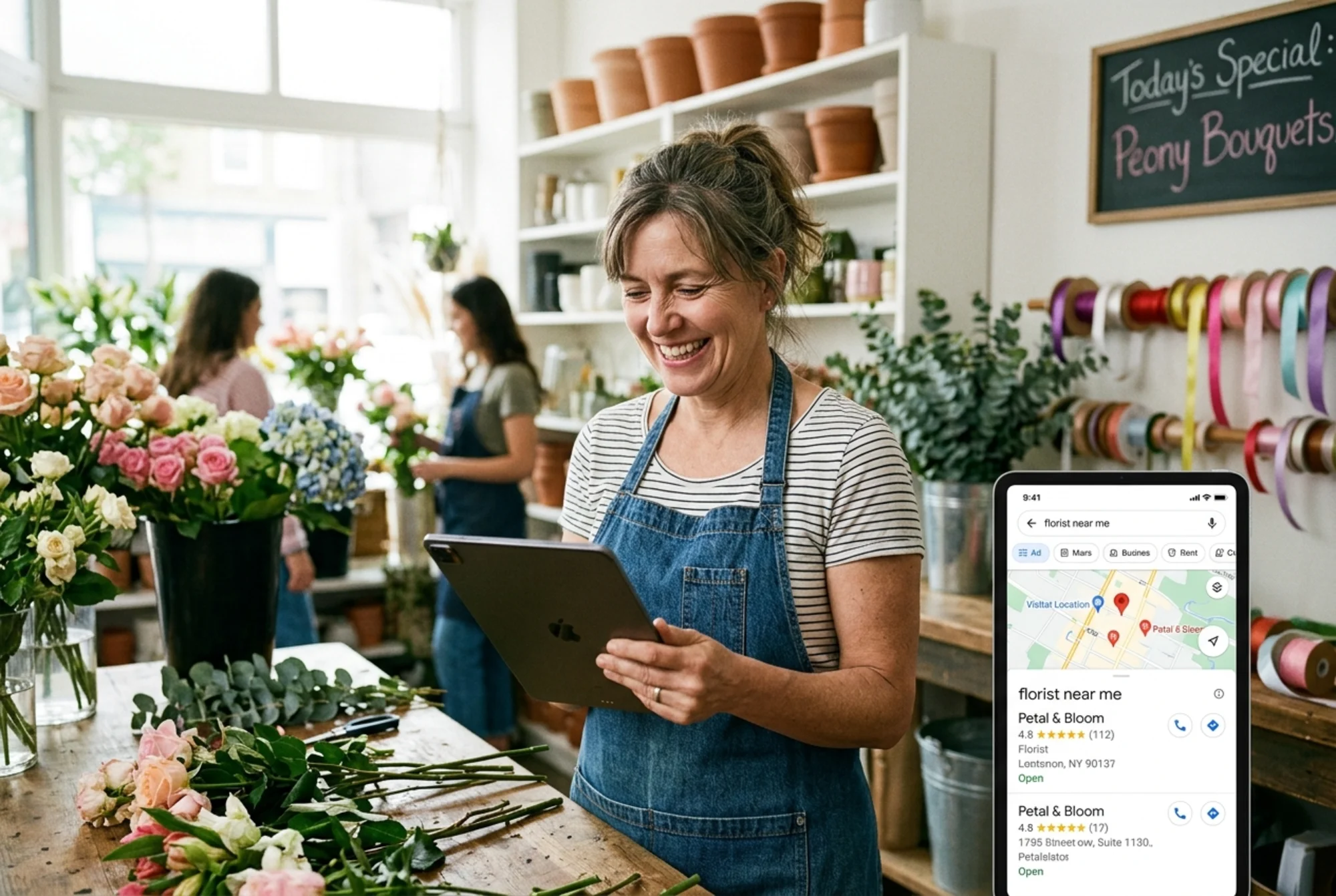 A local florist standing in her shop smiling while reading a tablet that shows her business newly ranked second in a Google Maps three-pack for "florist near me", flowers and ribbons in the background