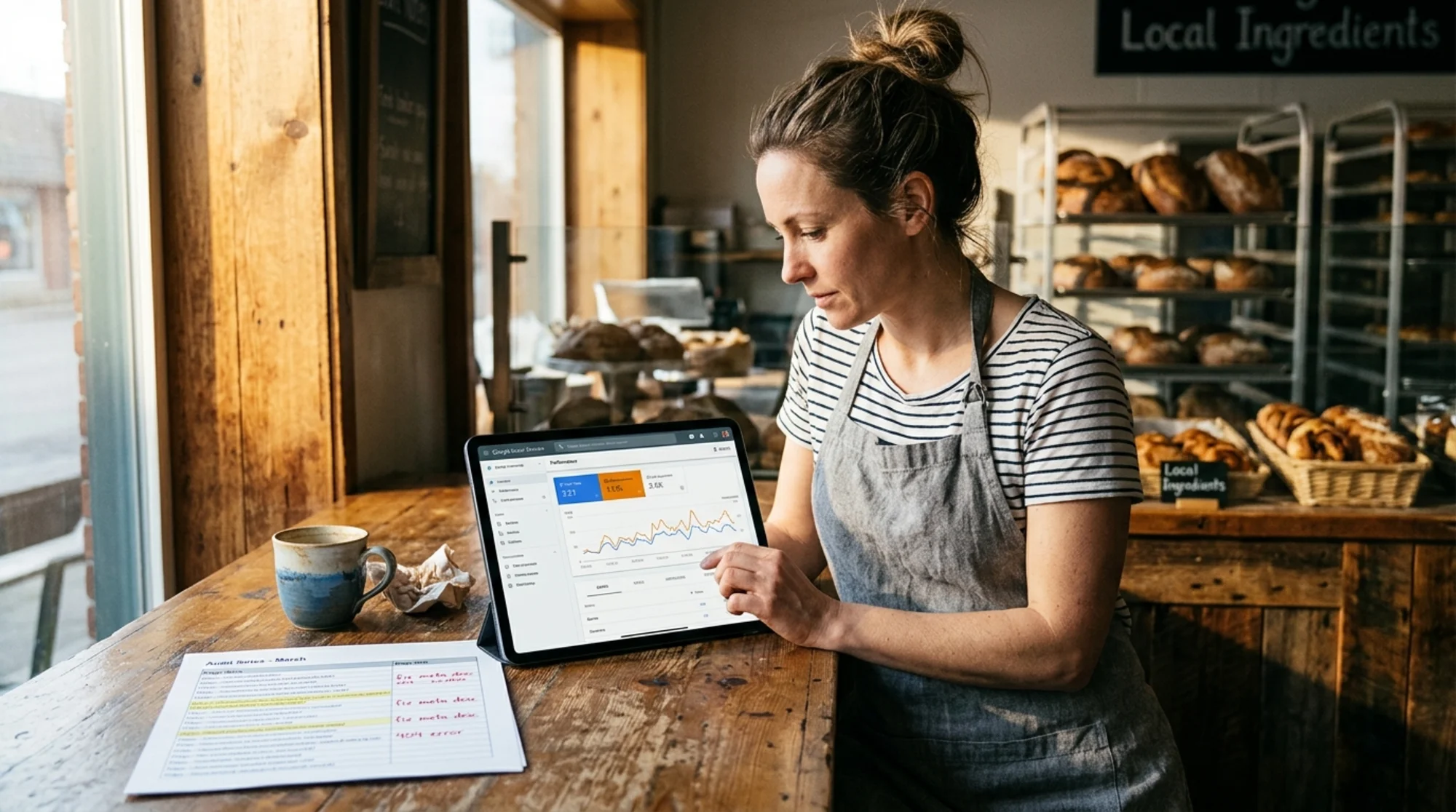 A small bakery owner at a wooden counter reviewing the Google Search Console Performance report on a tablet, the clicks-and-impressions line chart clearly visible, a printed list of page URLs and a coffee mug beside her, warm morning light from a side window