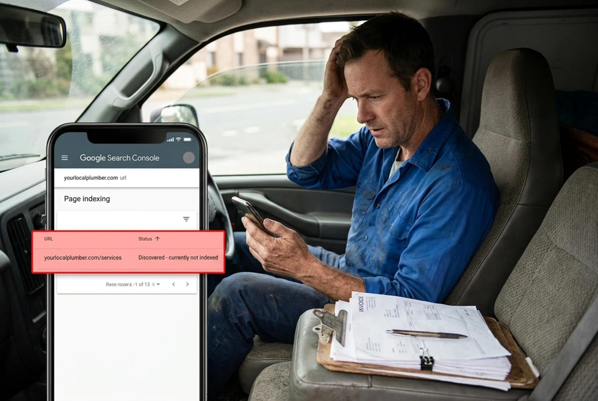 An independent plumber in a work van holding a phone that displays the Google Search Console "Page indexing" screen with a "Discovered - currently not indexed" row highlighted in red for his services page, invoices and a clipboard on the passenger seat