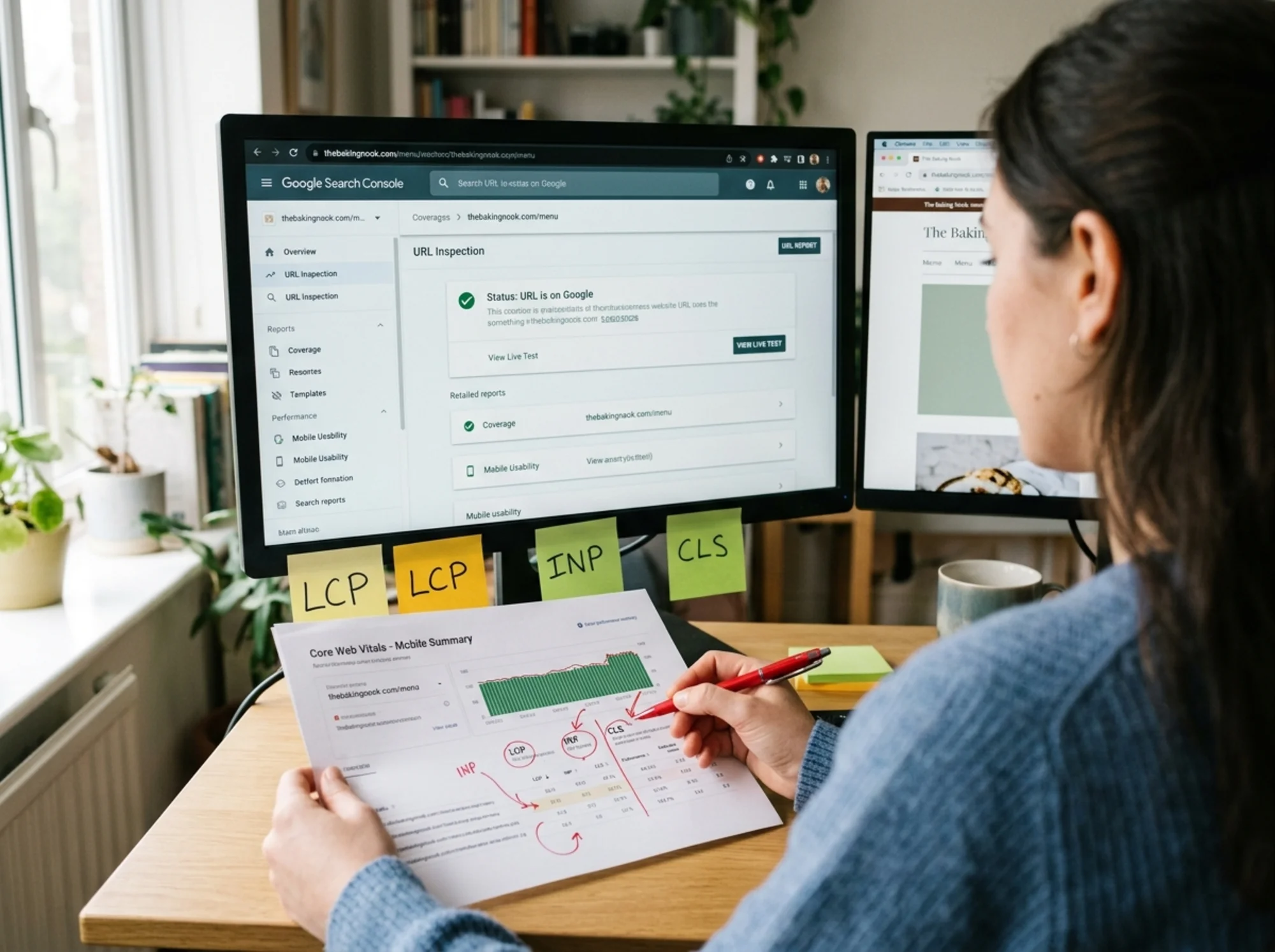 A close-up over-the-shoulder view of a small-agency marketer at a desk annotating a printed Google Search Console Core Web Vitals report with a red pen, sticky notes labeled "LCP", "INP", and "CLS" stuck to the monitor bezel, second monitor showing the URL Inspection tool
