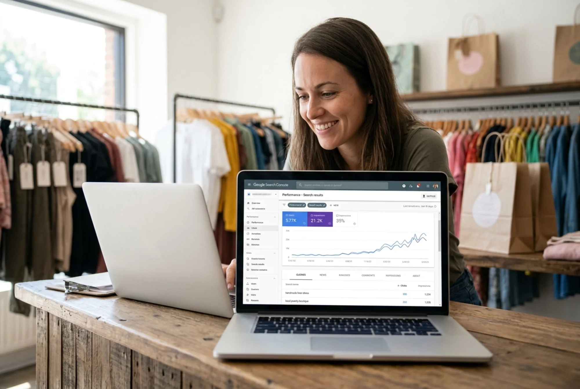 A boutique shop owner standing behind her retail counter smiling at a laptop showing a rising 90-day clicks-and-impressions line graph in Google Search Console, with the "Queries" tab visible underneath, tagged inventory and shopping bags in soft focus behind her