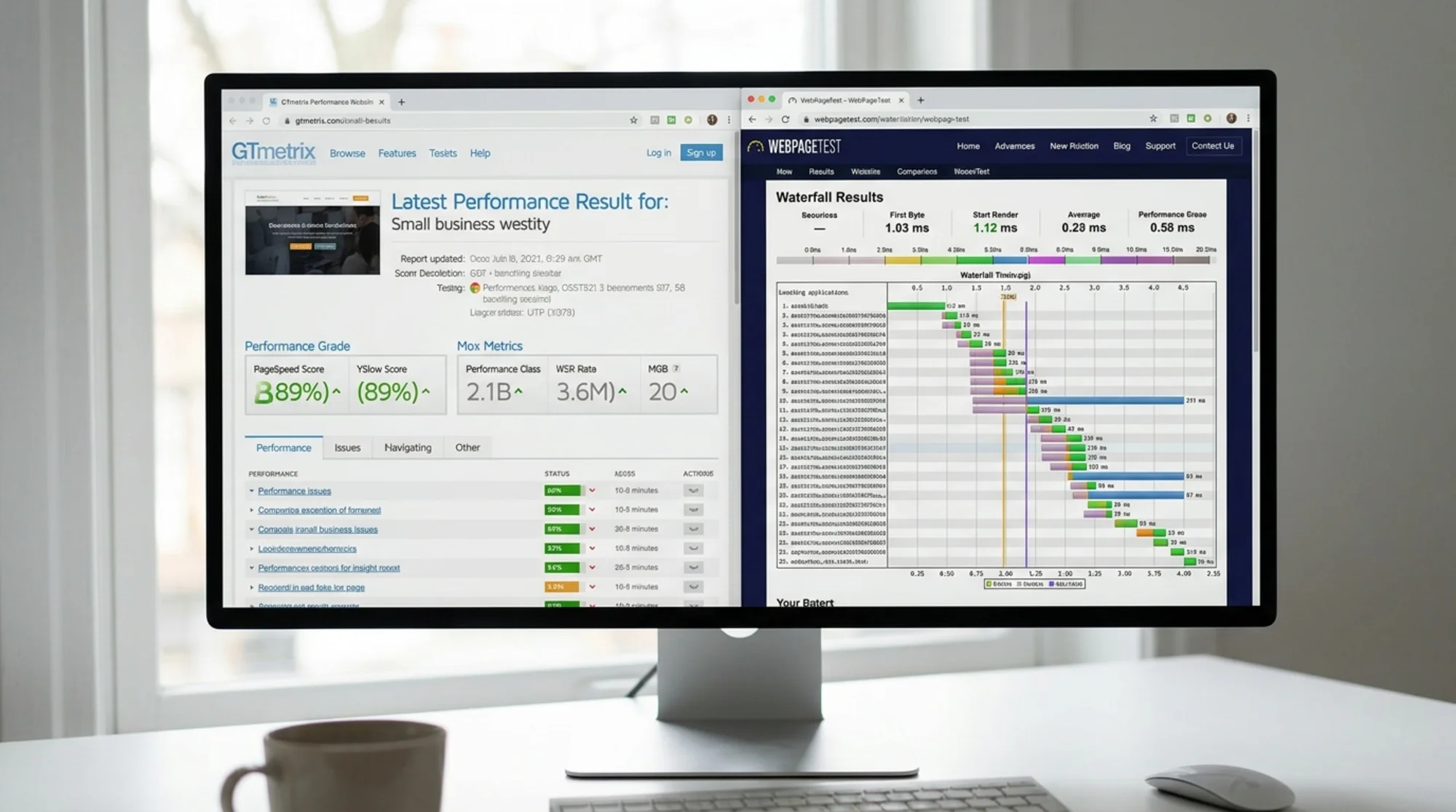 Split-screen browser window with the GTmetrix results page on the left showing a large circular performance grade and the WebPageTest waterfall chart on the right with timing markers, realistic UI mockup, soft daylight from a window
