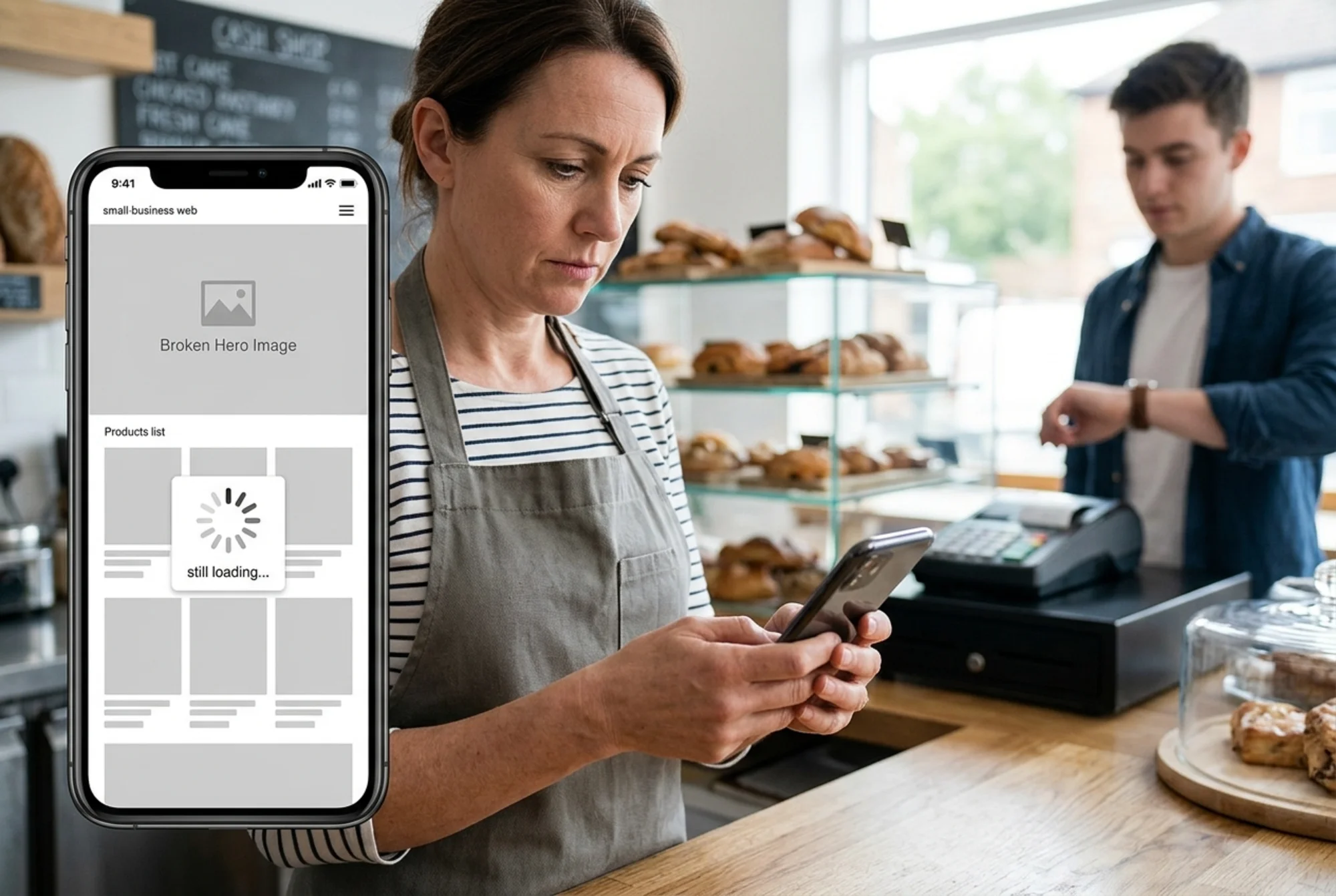 A small bakery owner at the front counter staring at a phone showing a half-loaded product page with a spinning loader, broken hero image placeholder, and visible "still loading" state, daytime shop lighting, customer waiting in the background