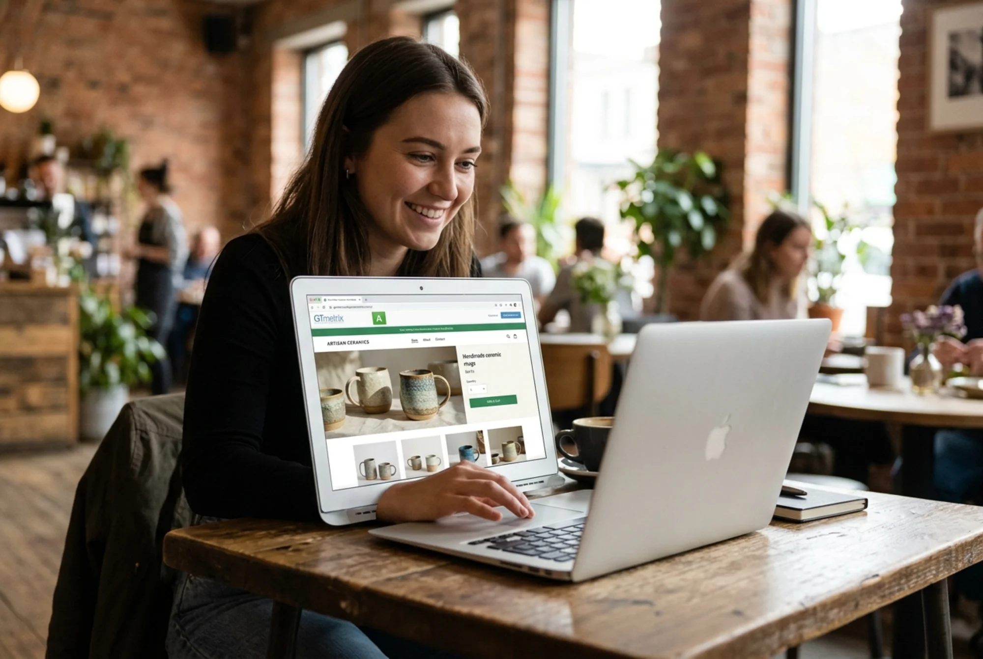 A relieved Shopify shop owner on a laptop in a warm cafe setting, screen showing a green GTmetrix grade A score next to a fully rendered product page with crisp hero image, product grid, and a clickable "Add to Cart" button